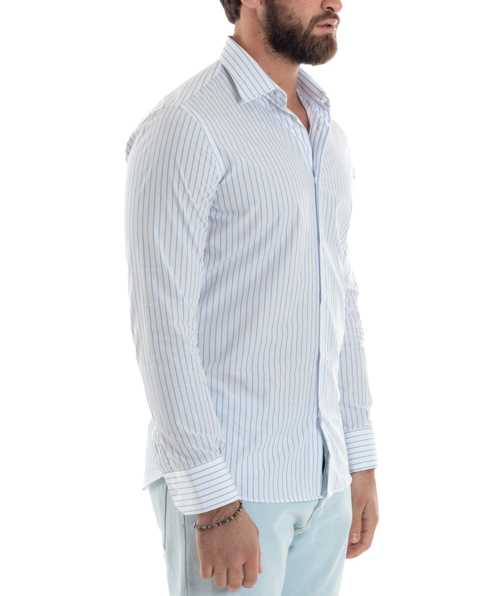 Camicia Uomo Cotone Colletto Semi-Francese Rigata Slim Fit Casual Basic Bicolore Righe Sottili Bianco Celeste GIOSAL-C2916A