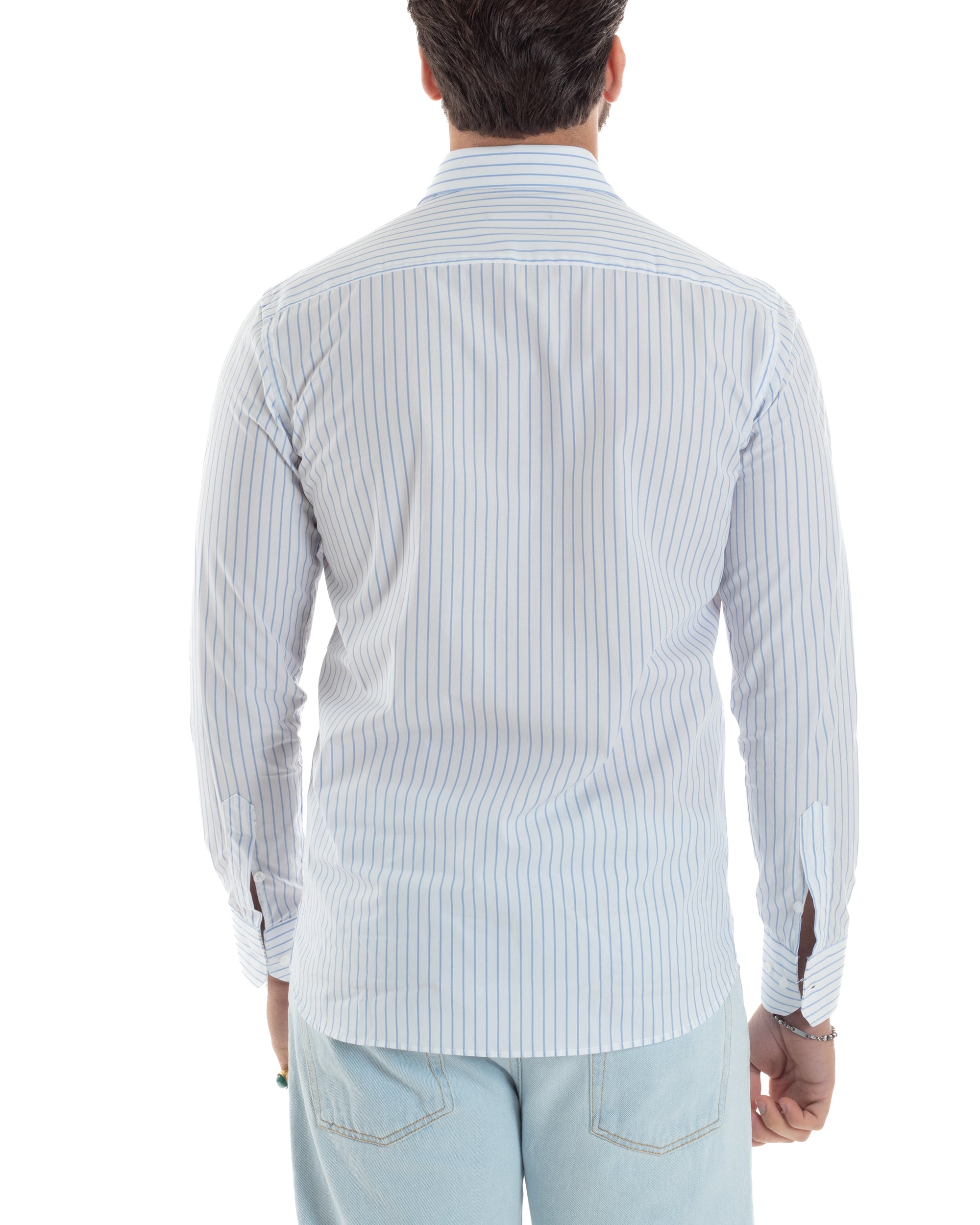 Camicia Uomo Cotone Colletto Semi-Francese Rigata Slim Fit Casual Basic Bicolore Righe Sottili Bianco Celeste GIOSAL-C2916A