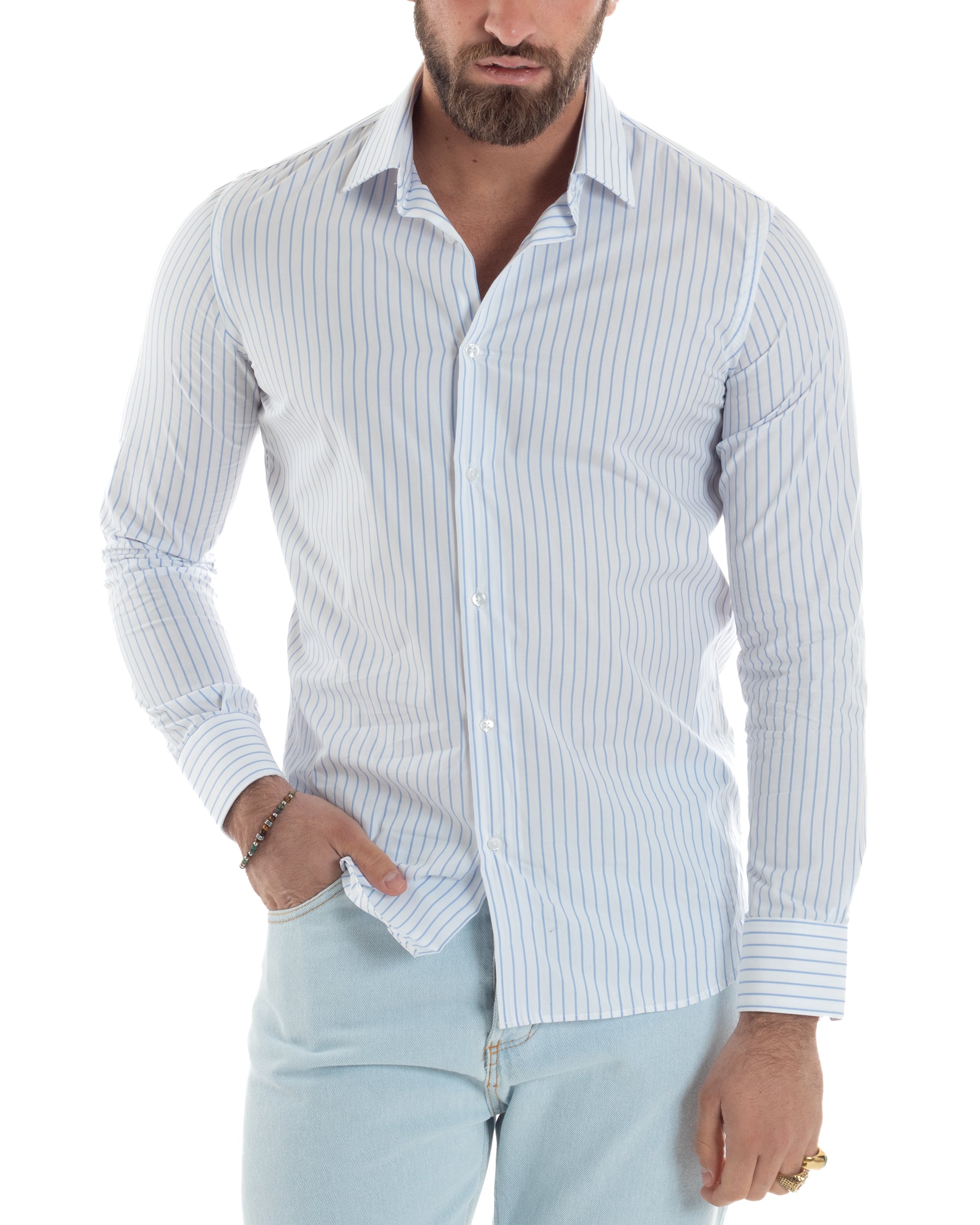 Camicia Uomo Cotone Colletto Semi-Francese Rigata Slim Fit Casual Basic Bicolore Righe Sottili Bianco Celeste GIOSAL-C2916A