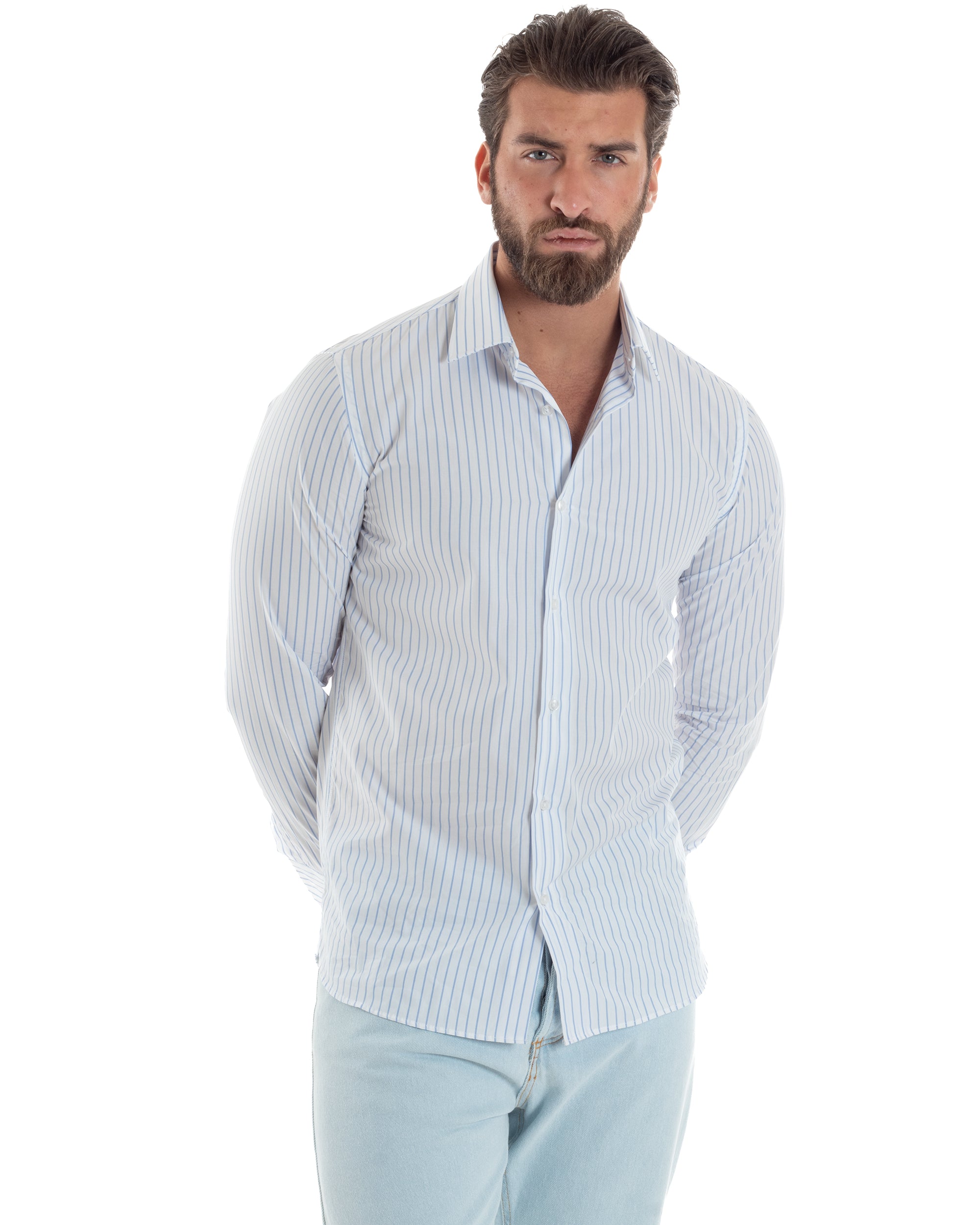 Camicia Uomo Cotone Colletto Semi-Francese Rigata Slim Fit Casual Basic Bicolore Righe Sottili Bianco Celeste GIOSAL-C2916A