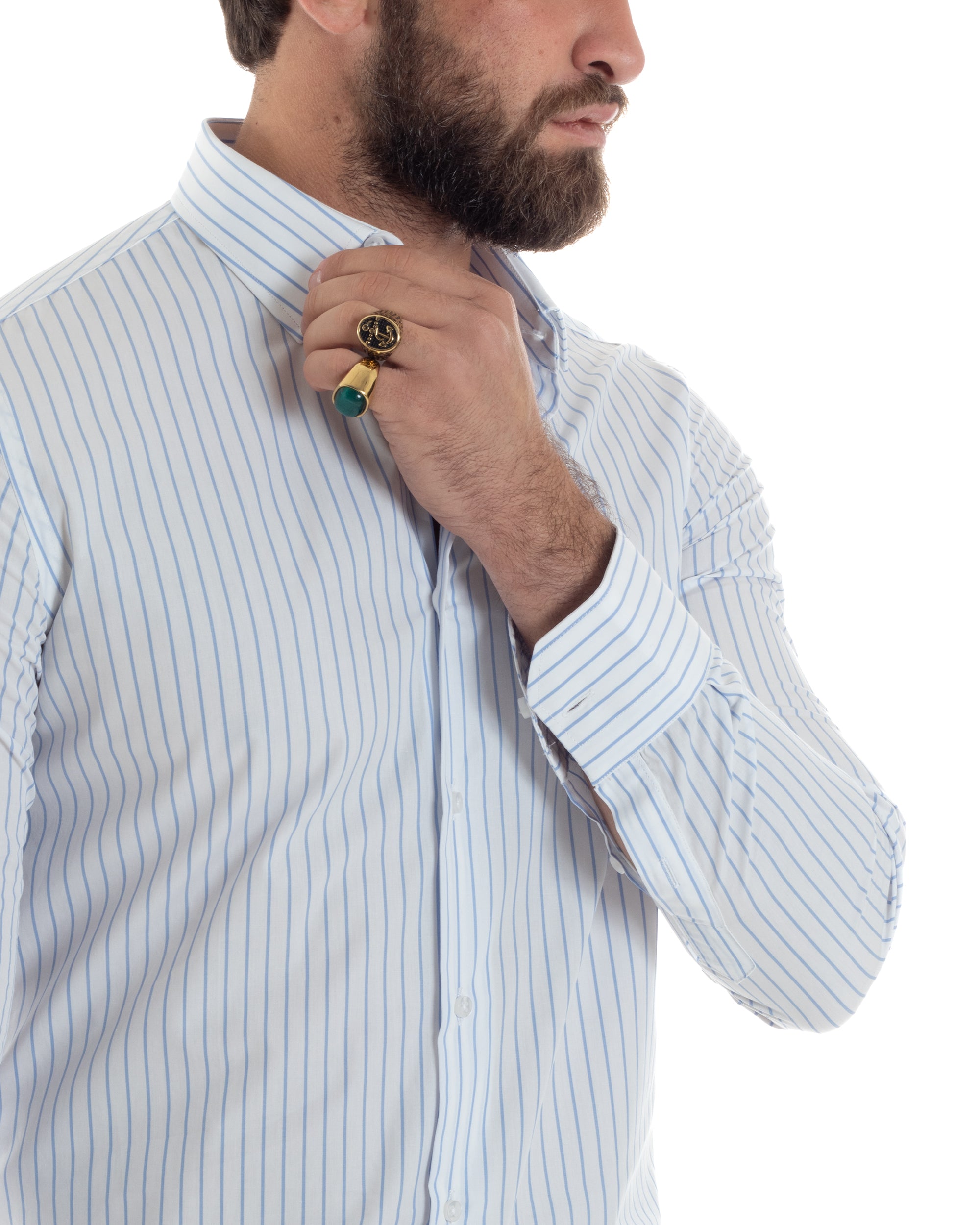 Camicia Uomo Cotone Colletto Semi-Francese Rigata Slim Fit Casual Basic Bicolore Righe Sottili Bianco Celeste GIOSAL-C2916A