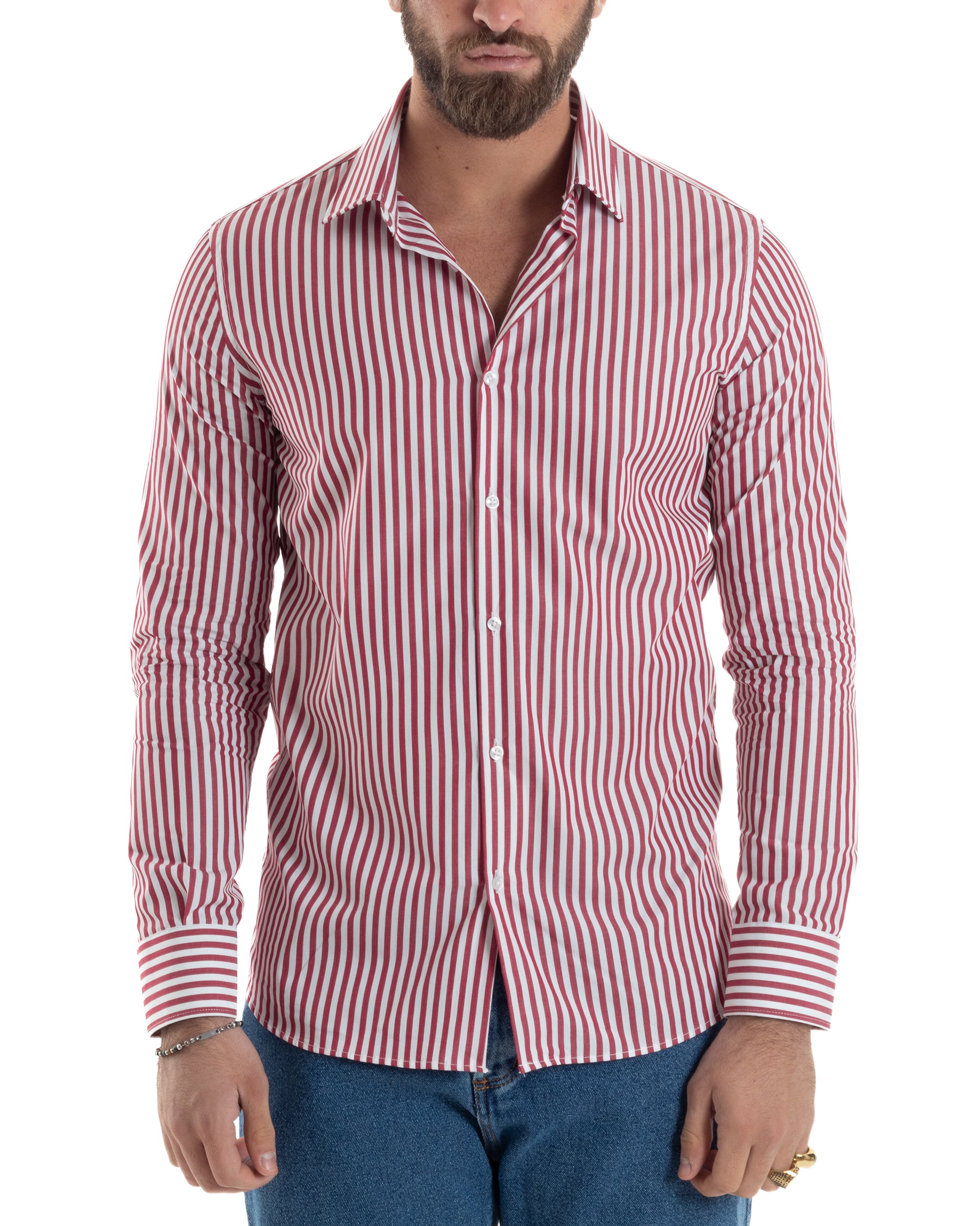 Camicia Uomo Cotone Rigata Basic Colletto Semi-Francese Slim Fit Casual Righe Bastoncino Medio Bicolore Bianco Rosso GIOSAL-C2917A
