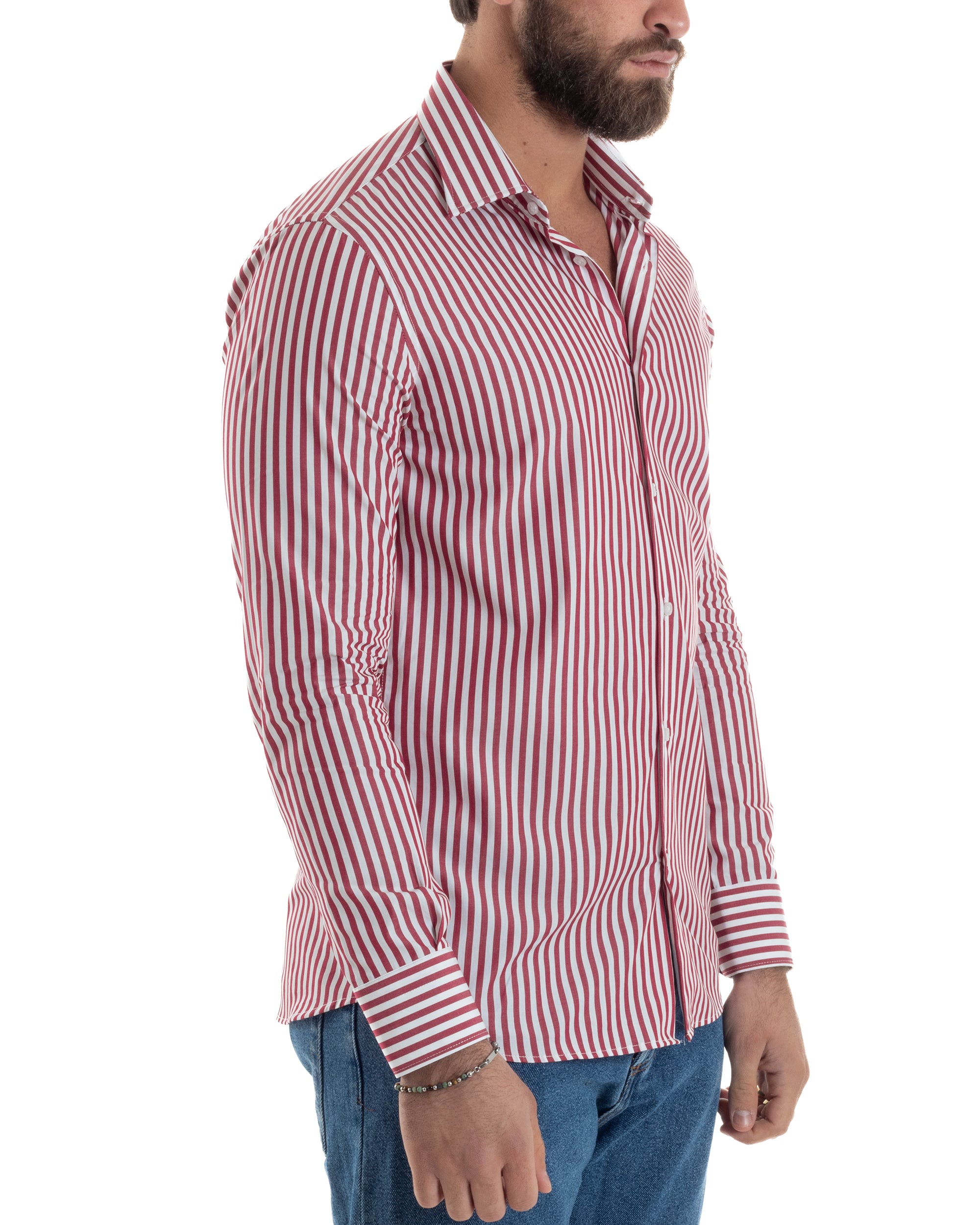 Camicia Uomo Cotone Rigata Basic Colletto Semi-Francese Slim Fit Casual Righe Bastoncino Medio Bicolore Bianco Rosso GIOSAL-C2917A