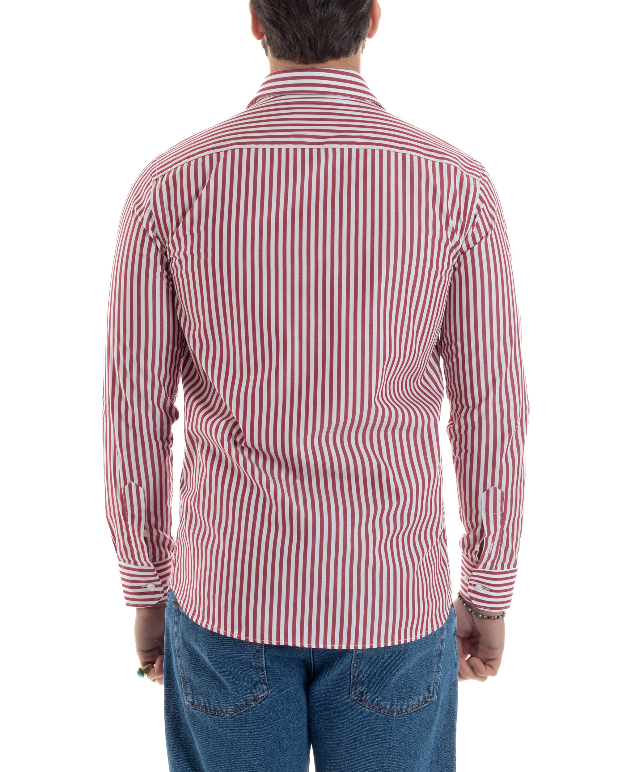 Camicia Uomo Cotone Rigata Basic Colletto Semi-Francese Slim Fit Casual Righe Bastoncino Medio Bicolore Bianco Rosso GIOSAL-C2917A