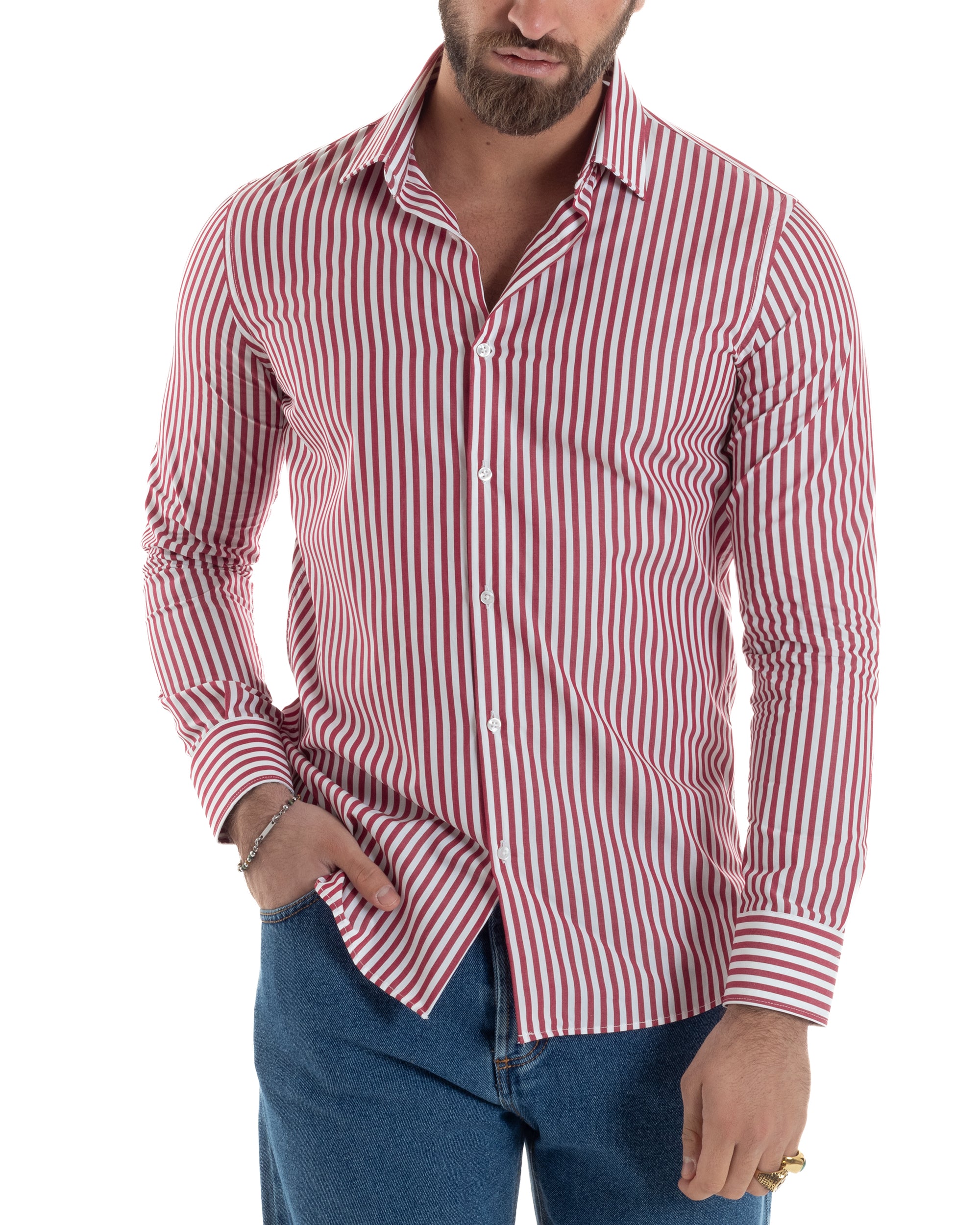 Camicia Uomo Cotone Rigata Basic Colletto Semi-Francese Slim Fit Casual Righe Bastoncino Medio Bicolore Bianco Rosso GIOSAL-C2917A