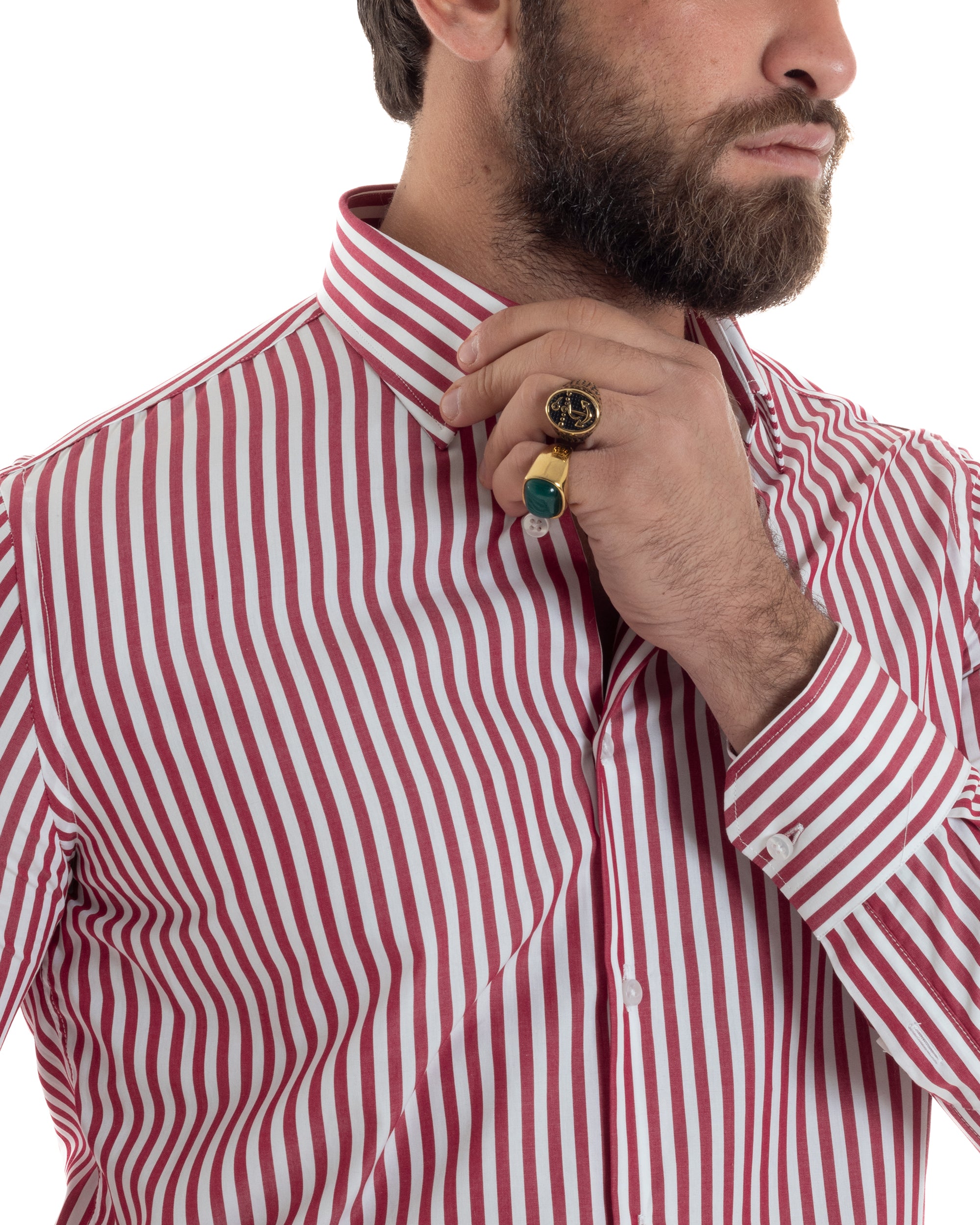 Camicia Uomo Cotone Rigata Basic Colletto Semi-Francese Slim Fit Casual Righe Bastoncino Medio Bicolore Bianco Rosso GIOSAL-C2917A