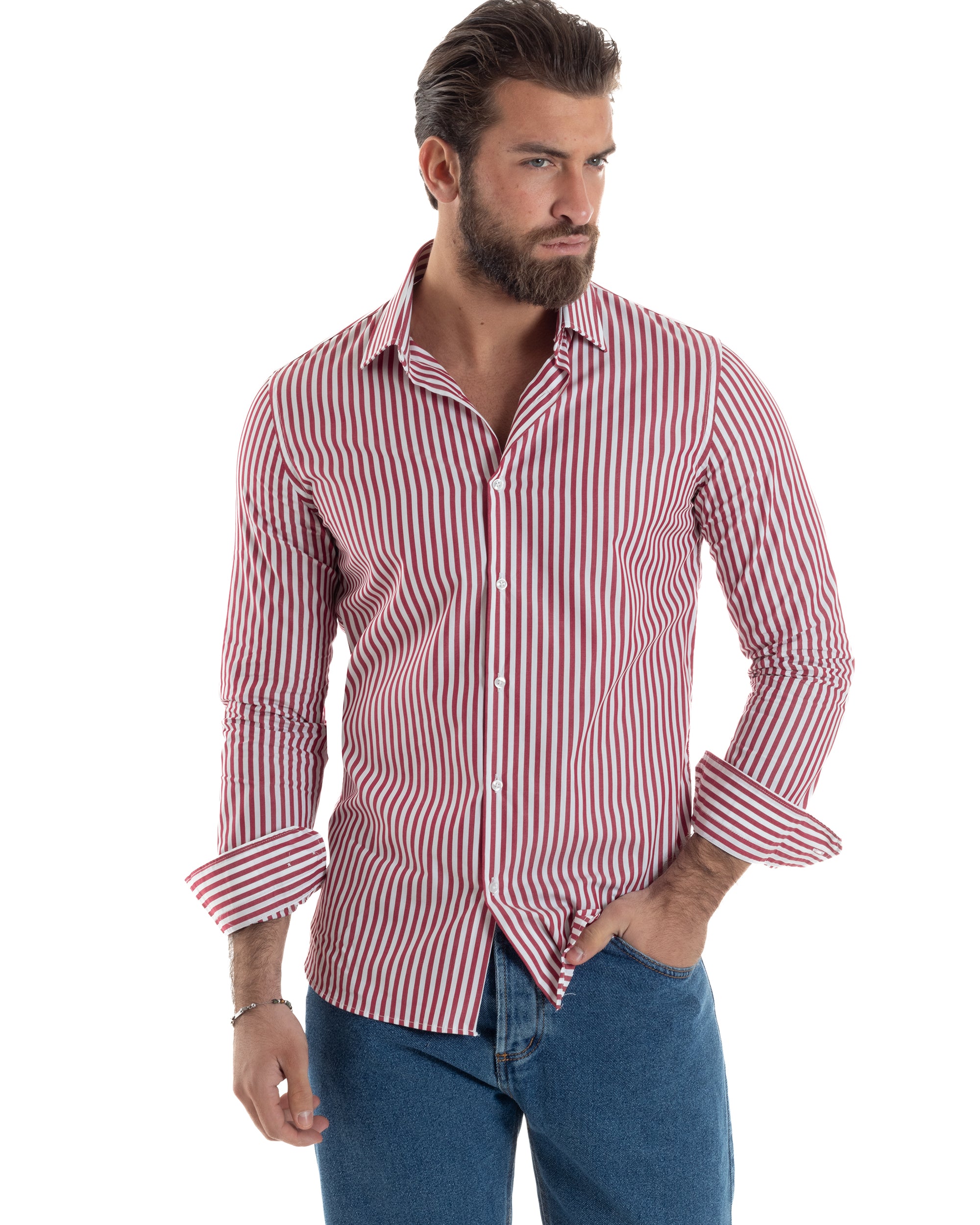 Camicia Uomo Cotone Rigata Basic Colletto Semi-Francese Slim Fit Casual Righe Bastoncino Medio Bicolore Bianco Rosso GIOSAL-C2917A