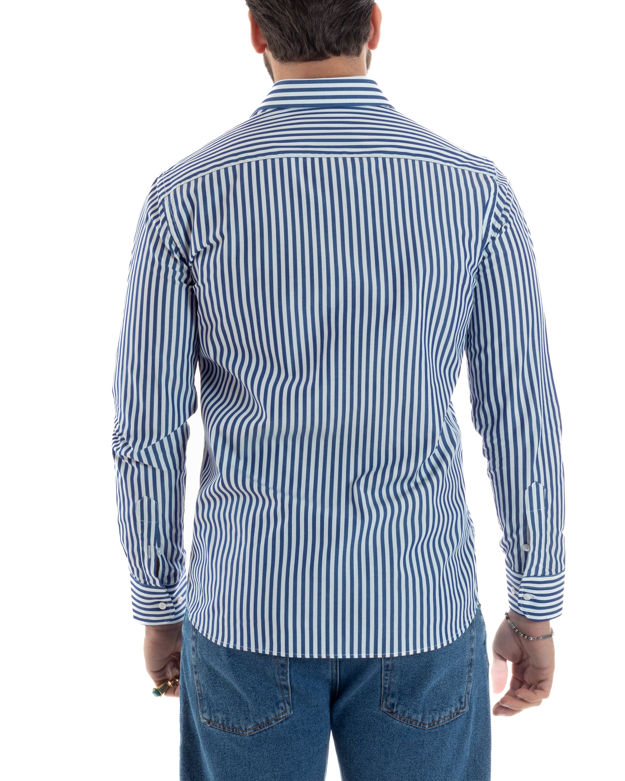 Camicia uomo cotone collo francese slim fit righe bastoncino medio blu GIOSAL-C2918A