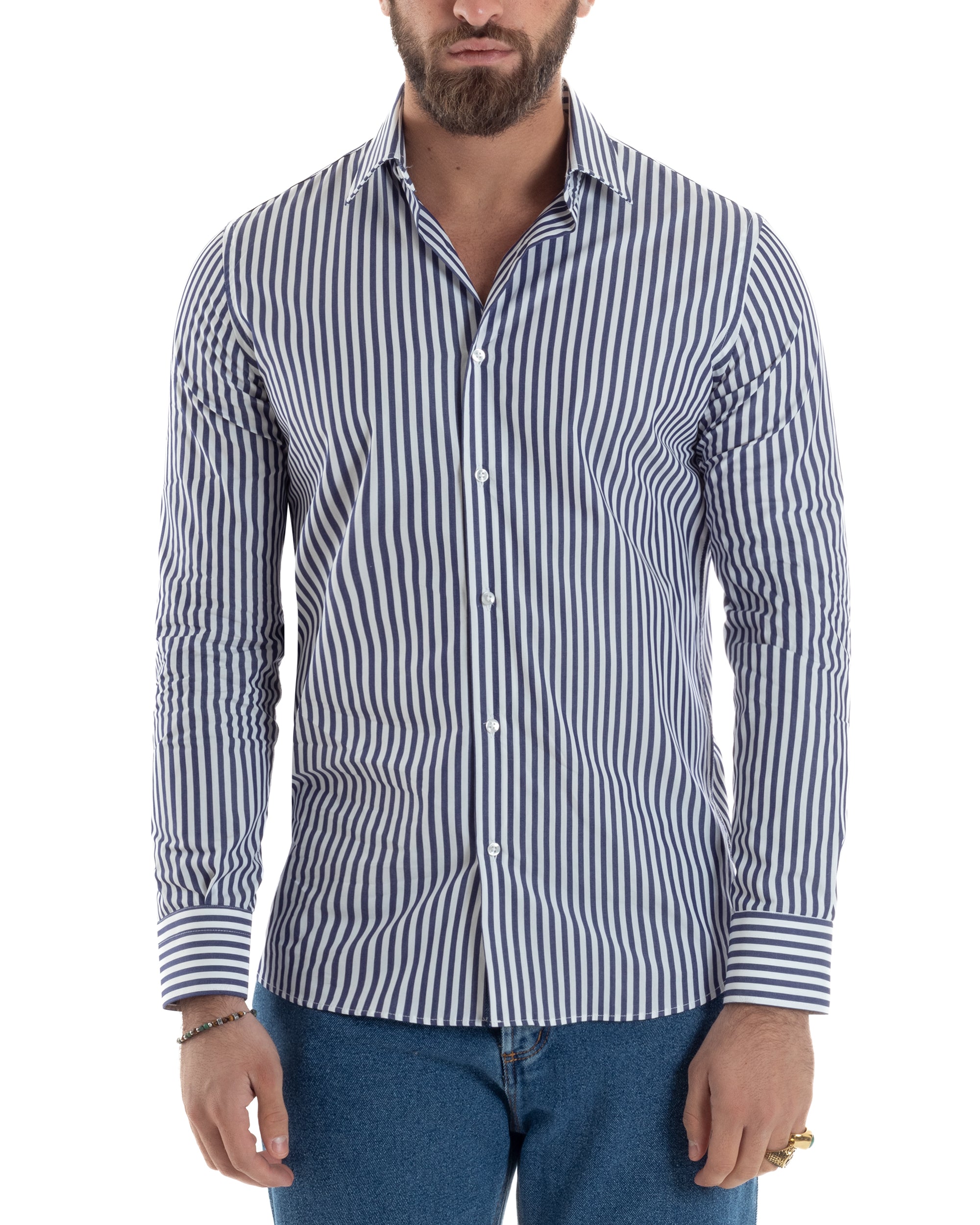 Camicia Uomo Cotone Rigata Basic Colletto Semi-Francese Slim Fit Casual Righe Bastoncino Medio Bicolore Bianco Blu GIOSAL-C2918A