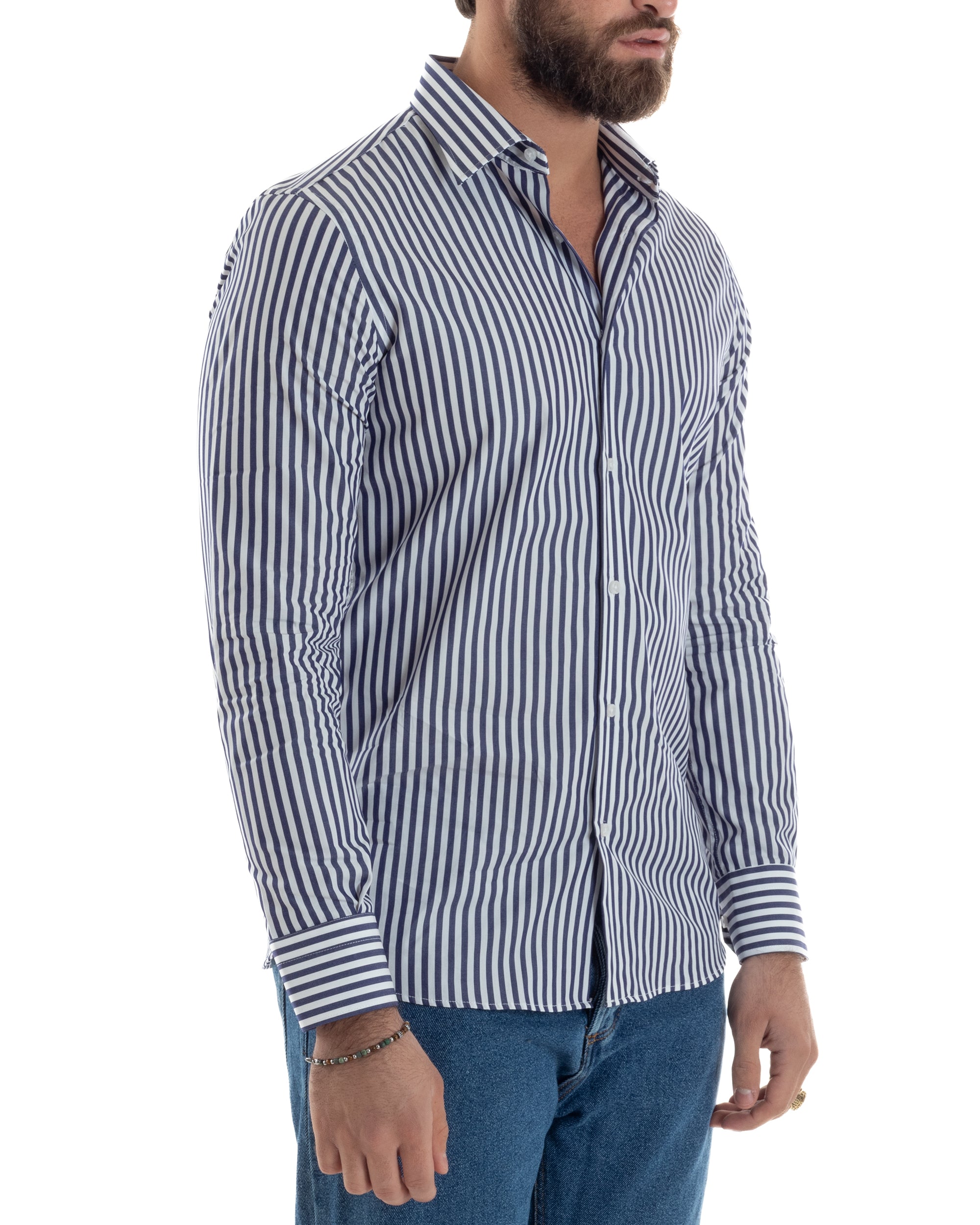 Camicia Uomo Cotone Rigata Basic Colletto Semi-Francese Slim Fit Casual Righe Bastoncino Medio Bicolore Bianco Blu GIOSAL-C2918A