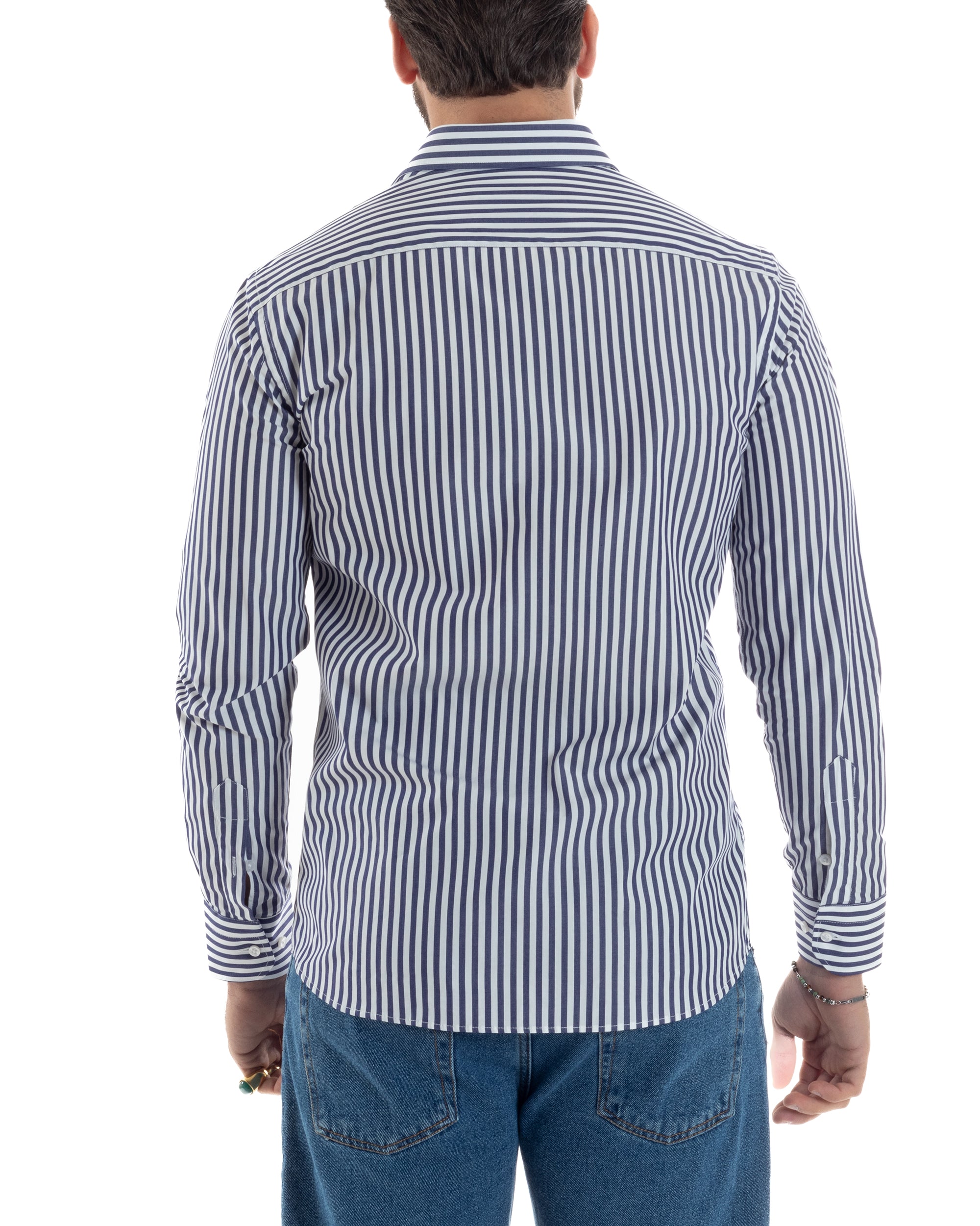Camicia Uomo Cotone Rigata Basic Colletto Semi-Francese Slim Fit Casual Righe Bastoncino Medio Bicolore Bianco Blu GIOSAL-C2918A