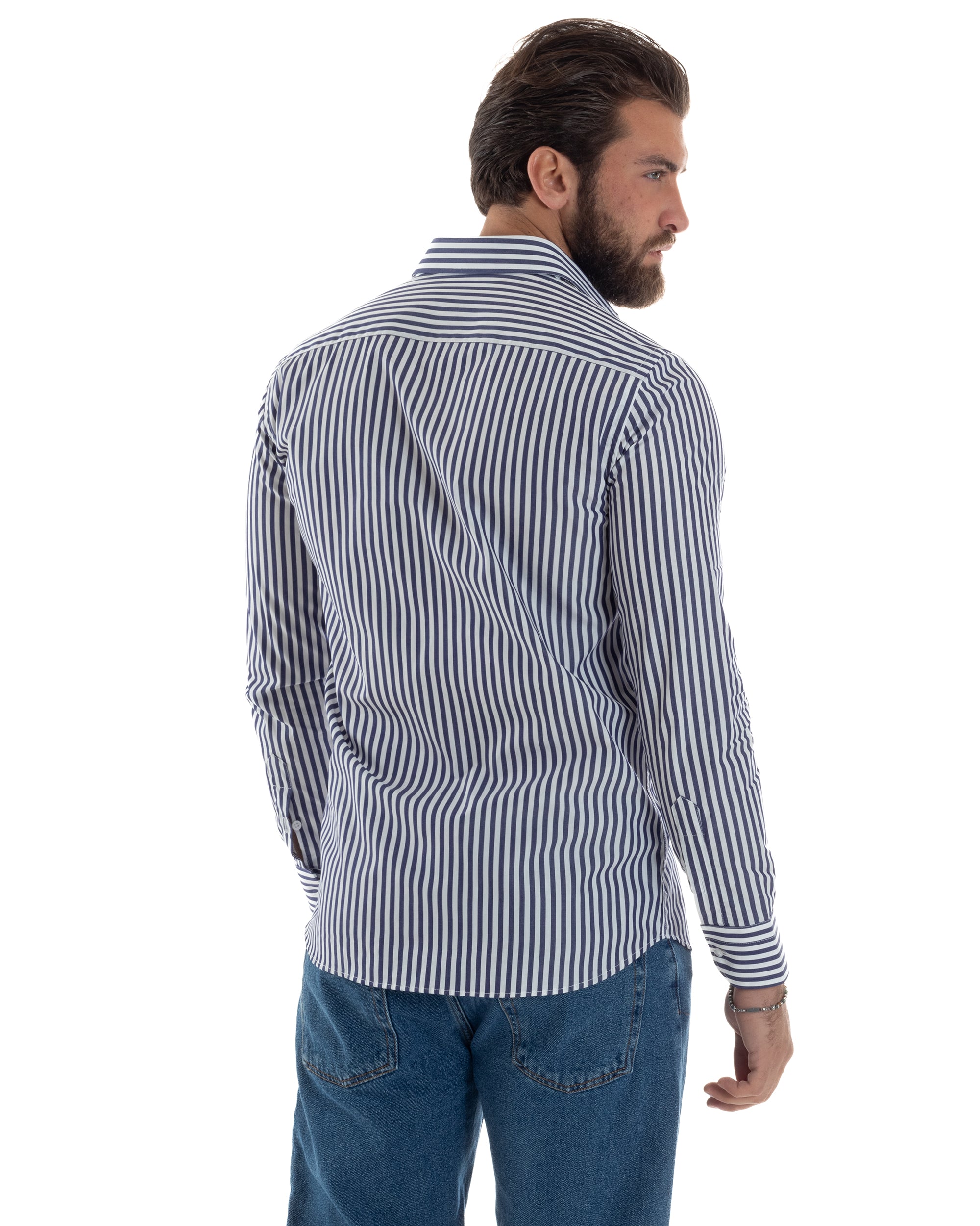 Camicia Uomo Cotone Rigata Basic Colletto Semi-Francese Slim Fit Casual Righe Bastoncino Medio Bicolore Bianco Blu GIOSAL-C2918A