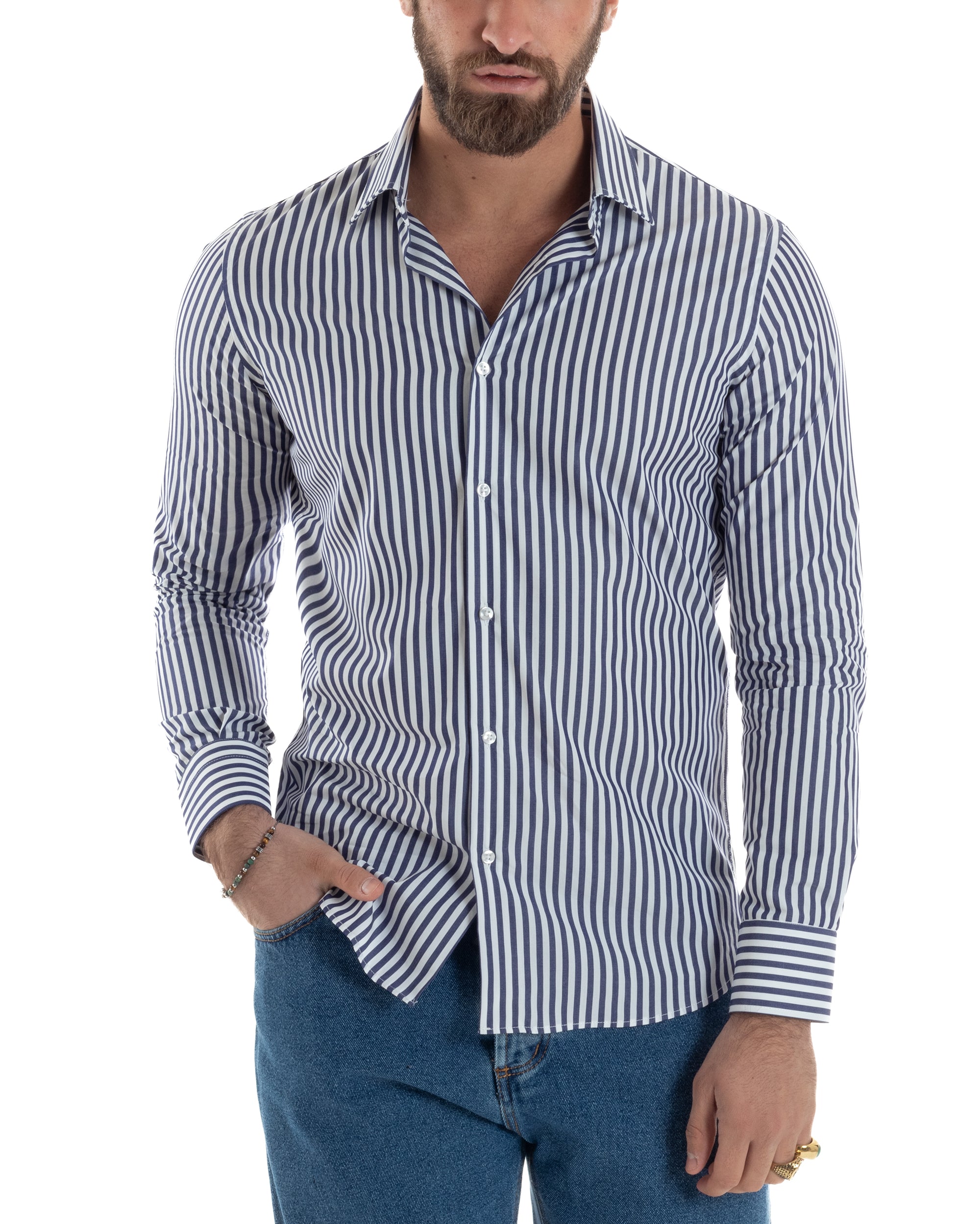 Camicia Uomo Cotone Rigata Basic Colletto Semi-Francese Slim Fit Casual Righe Bastoncino Medio Bicolore Bianco Blu GIOSAL-C2918A