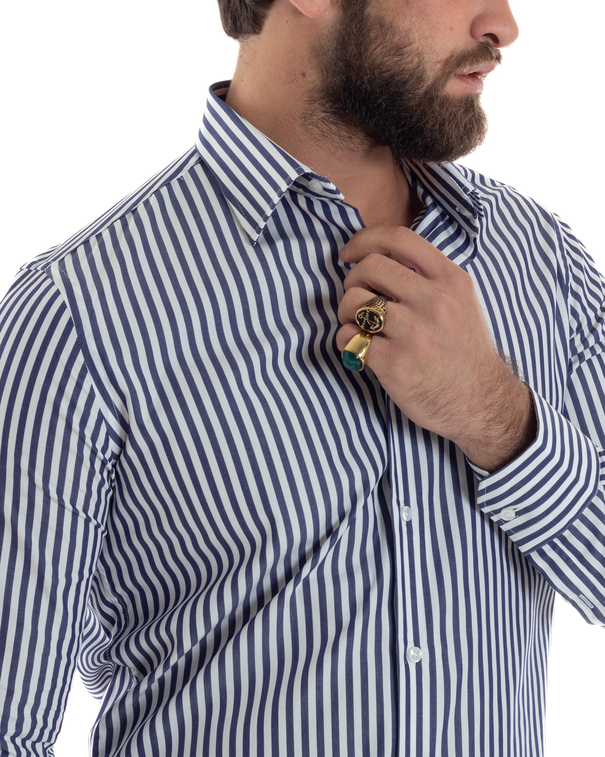 Camicia Uomo Cotone Rigata Basic Colletto Semi-Francese Slim Fit Casual Righe Bastoncino Medio Bicolore Bianco Blu GIOSAL-C2918A