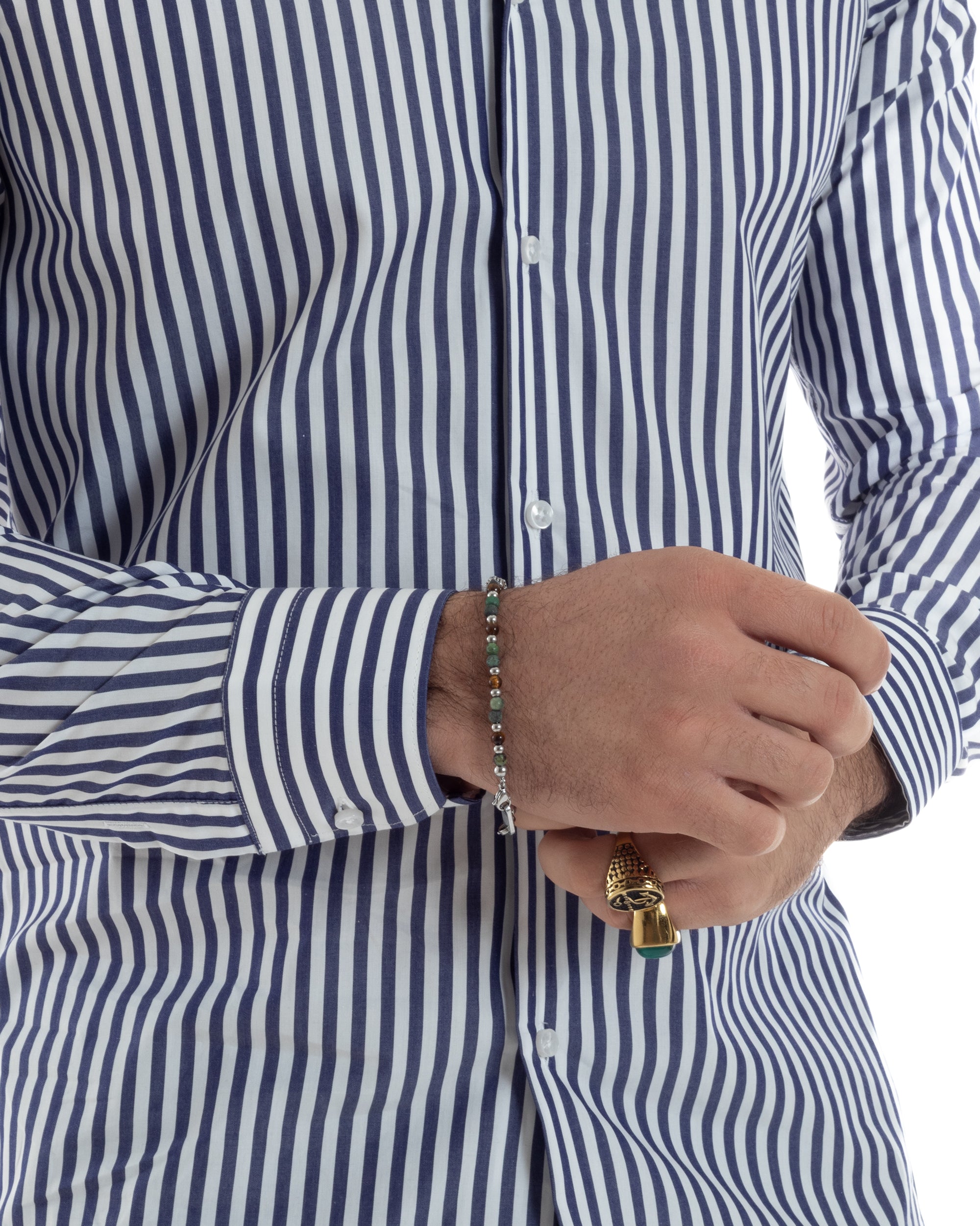 Camicia Uomo Cotone Rigata Basic Colletto Semi-Francese Slim Fit Casual Righe Bastoncino Medio Bicolore Bianco Blu GIOSAL-C2918A