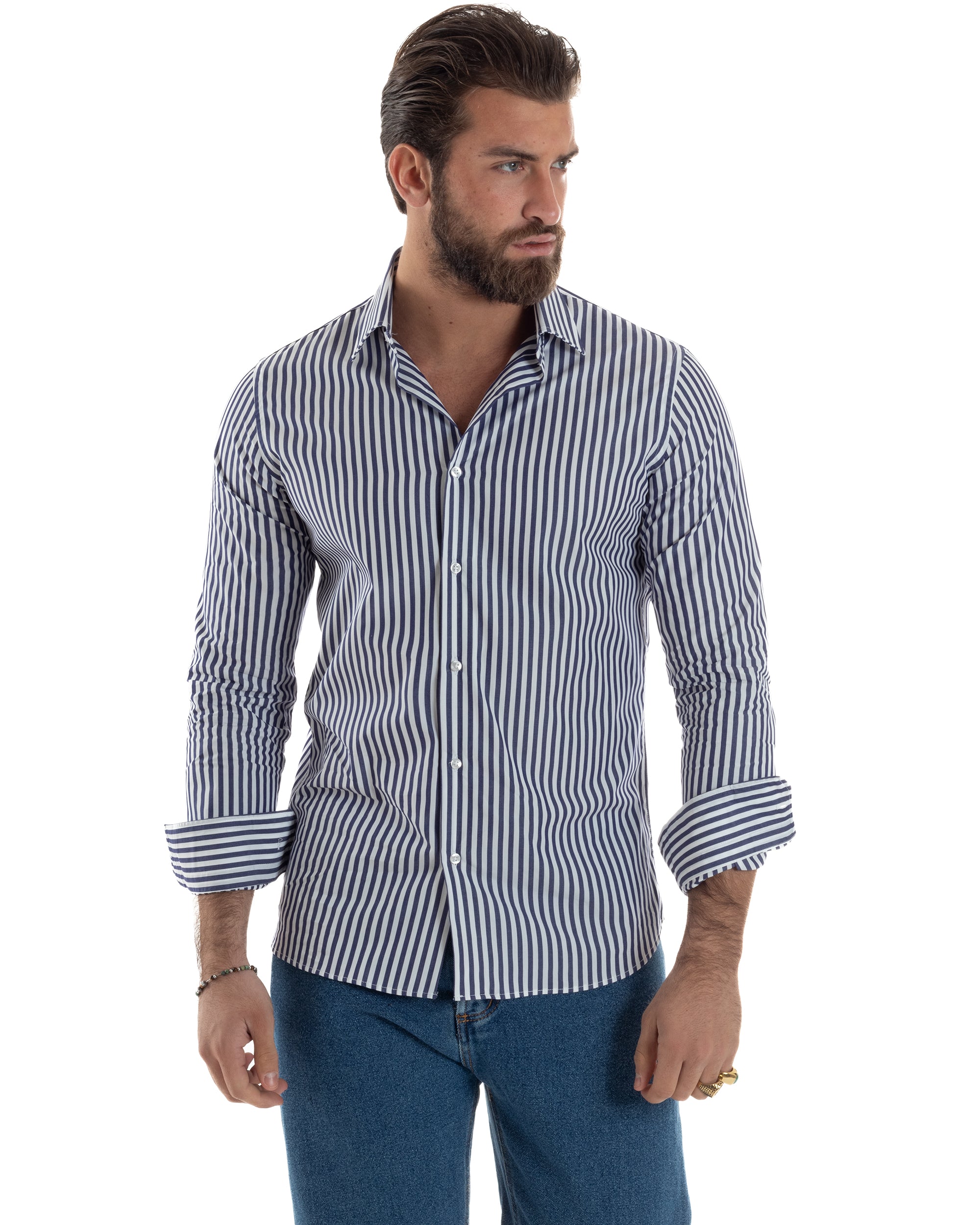 Camicia Uomo Cotone Rigata Basic Colletto Semi-Francese Slim Fit Casual Righe Bastoncino Medio Bicolore Bianco Blu GIOSAL-C2918A
