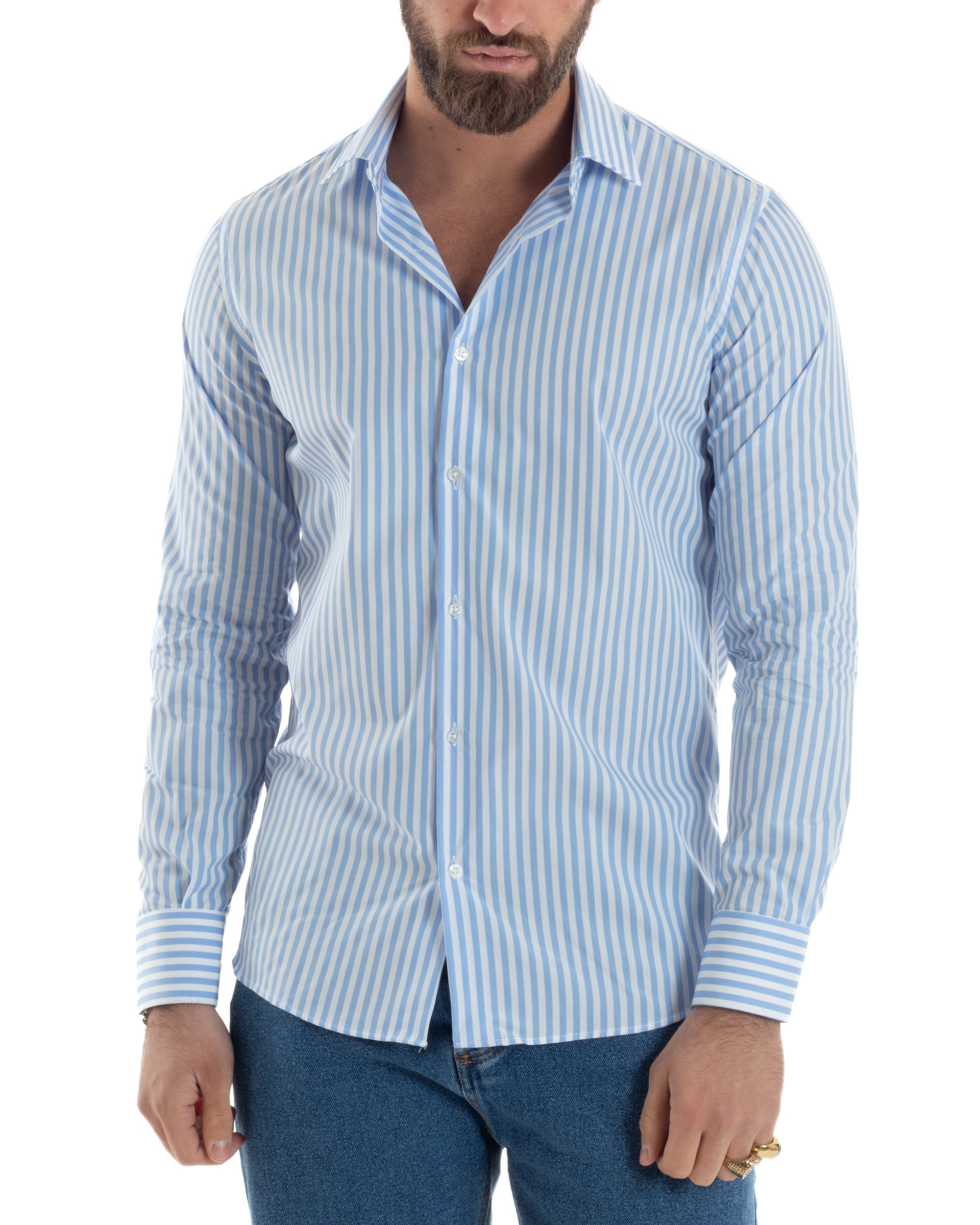 Camicia Uomo Cotone Rigata Basic Colletto Semi-Francese Slim Fit Casual Righe Bastoncino Medio Bicolore Bianco Celeste GIOSAL-C2919A