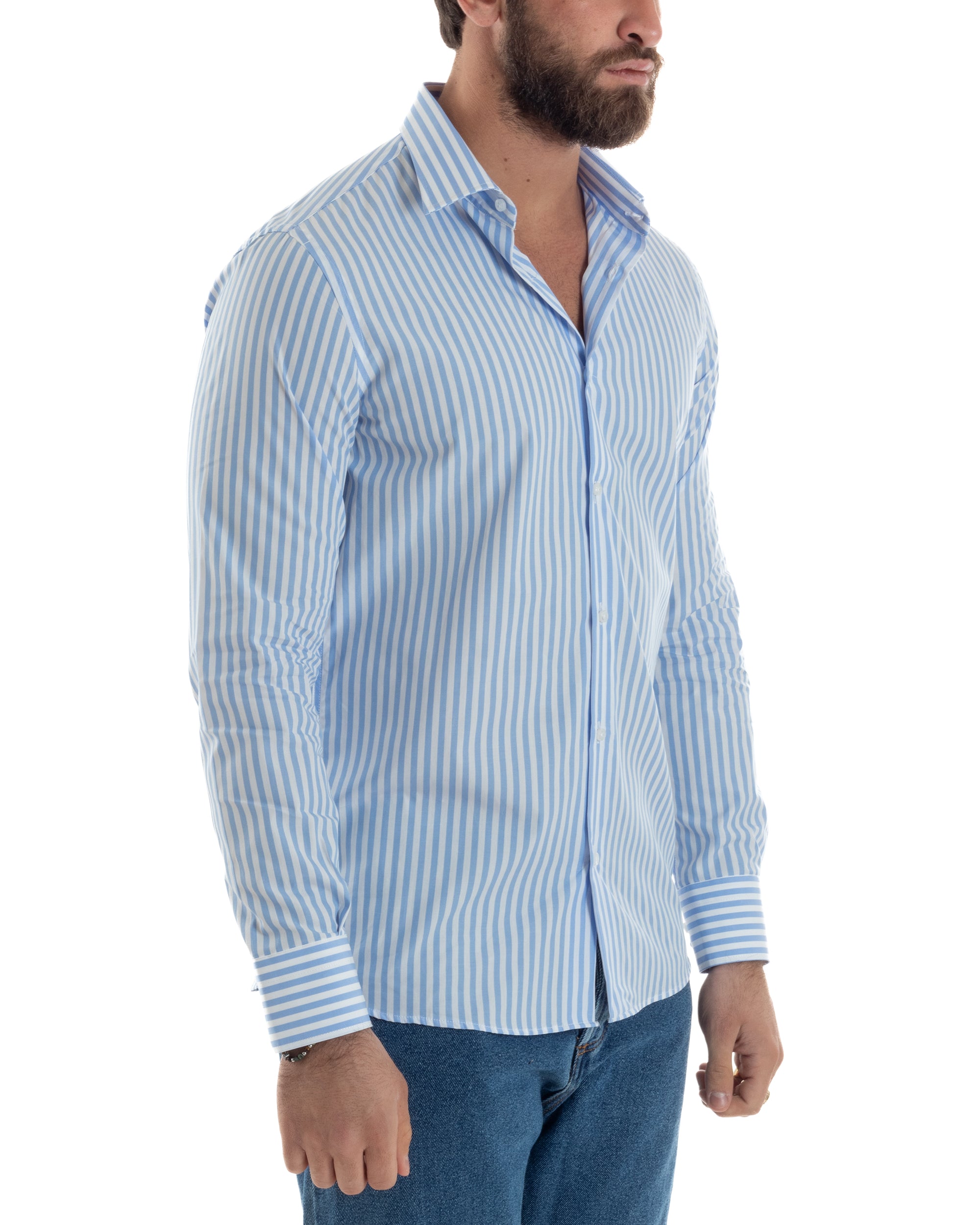 Camicia Uomo Cotone Rigata Basic Colletto Semi-Francese Slim Fit Casual Righe Bastoncino Medio Bicolore Bianco Celeste GIOSAL-C2919A