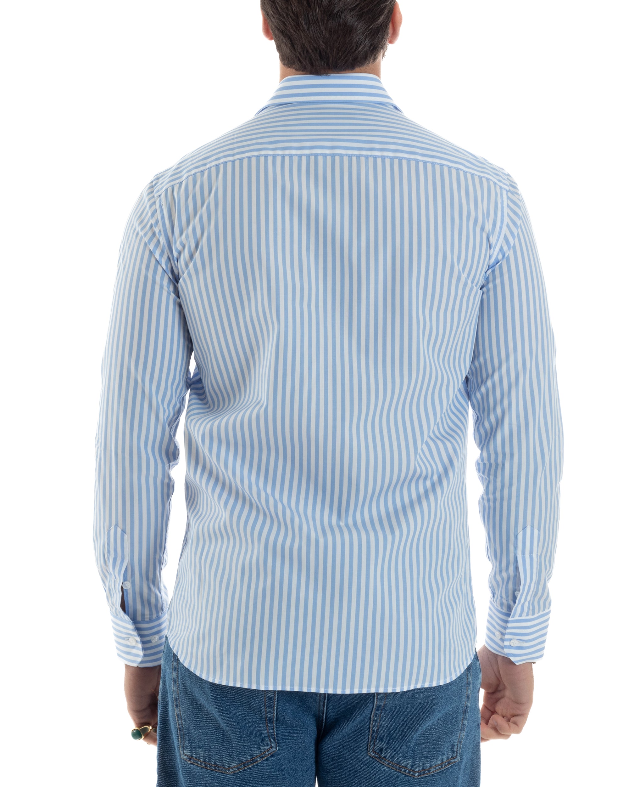 Camicia Uomo Cotone Rigata Basic Colletto Semi-Francese Slim Fit Casual Righe Bastoncino Medio Bicolore Bianco Celeste GIOSAL-C2919A