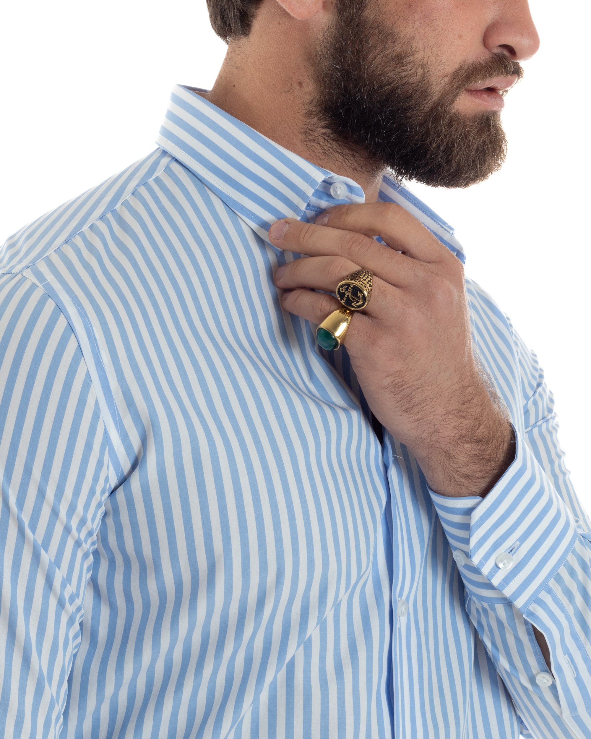 Camicia Uomo Cotone Rigata Basic Colletto Semi-Francese Slim Fit Casual Righe Bastoncino Medio Bicolore Bianco Celeste GIOSAL-C2919A