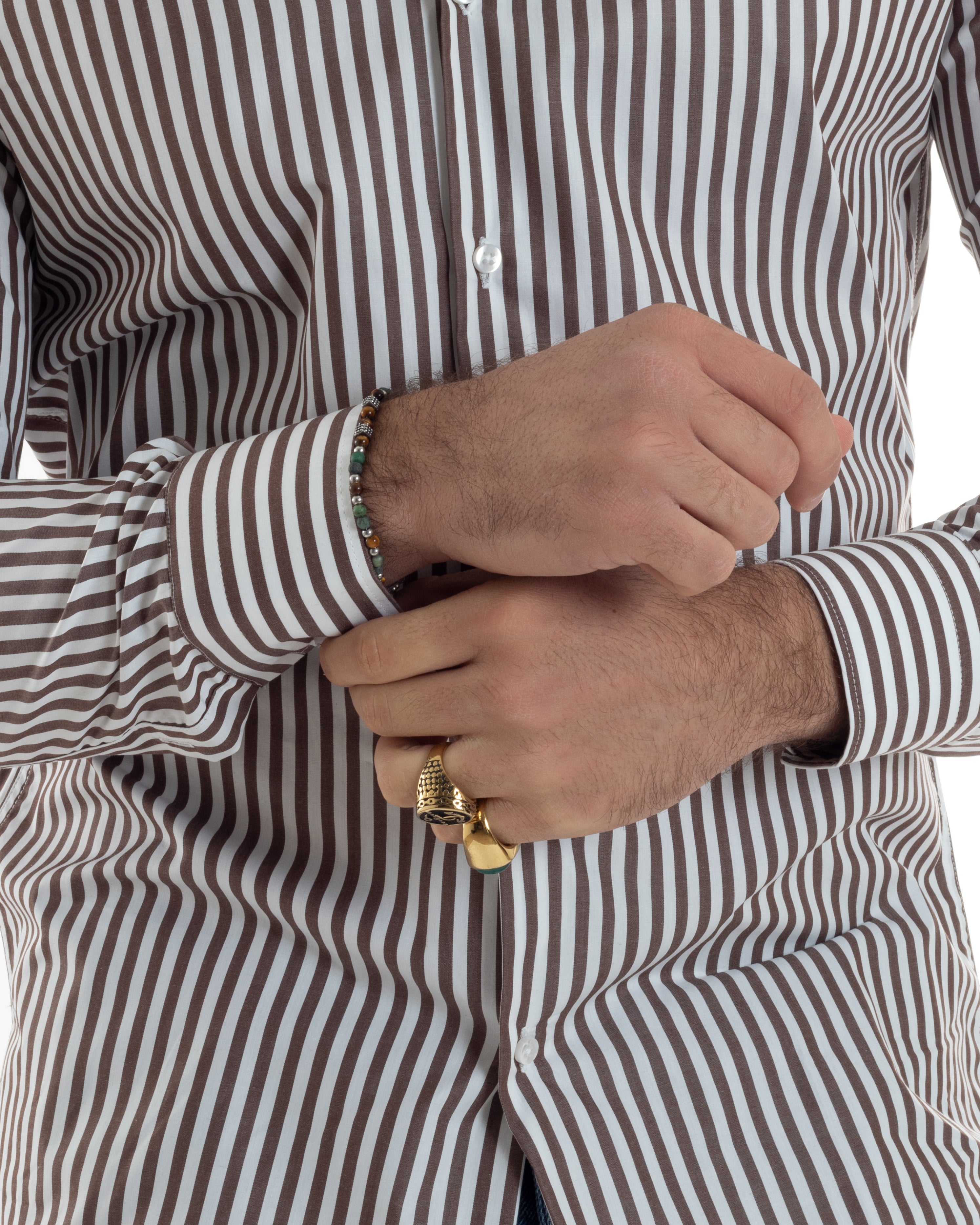 Camicia Uomo Cotone Rigata Basic Colletto Semi-Francese Slim Fit Casual Righe Bastoncino Medio Bicolore Bianco Marrone GIOSAL-C2920A