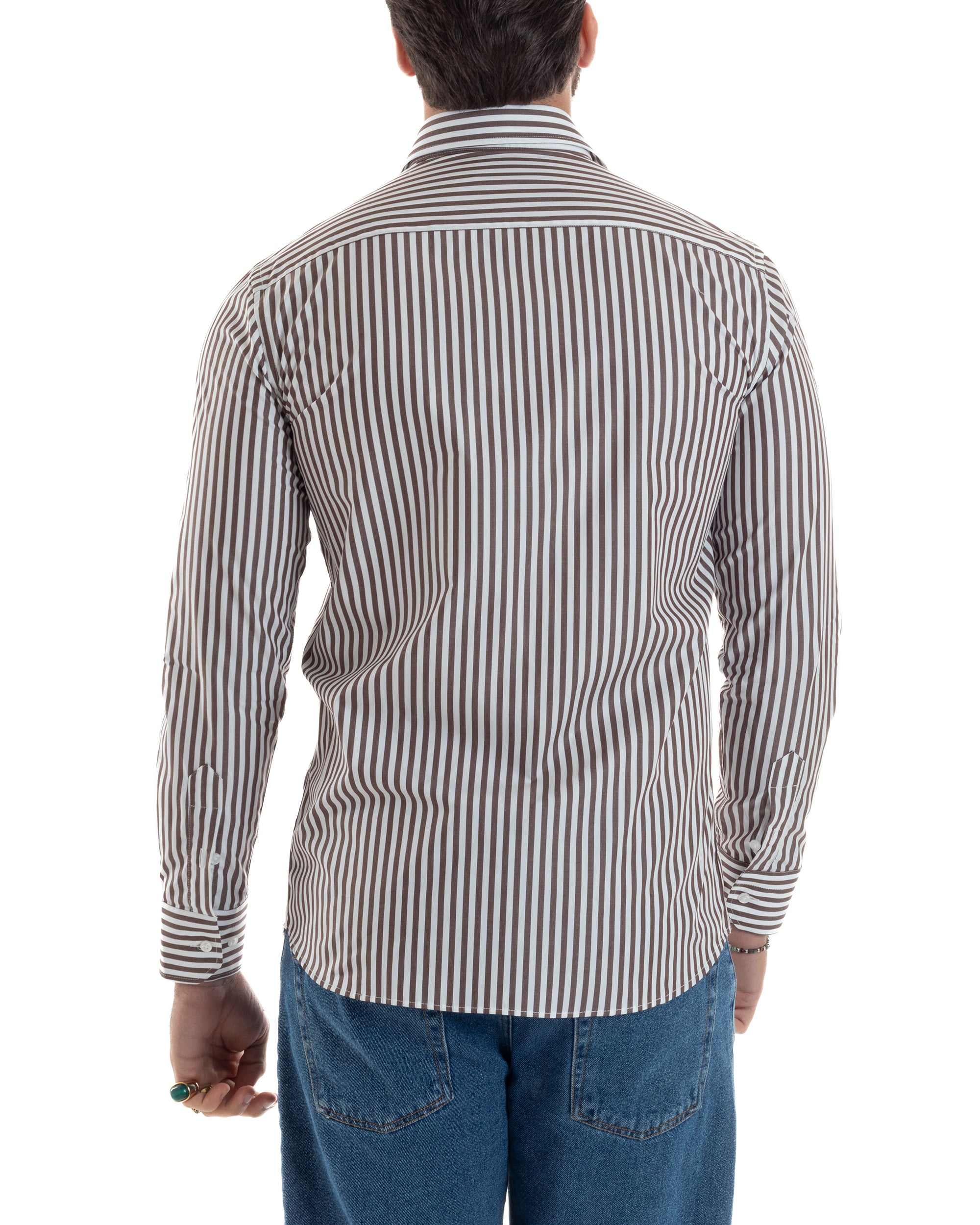 Camicia Uomo Cotone Rigata Basic Colletto Semi-Francese Slim Fit Casual Righe Bastoncino Medio Bicolore Bianco Marrone GIOSAL-C2920A