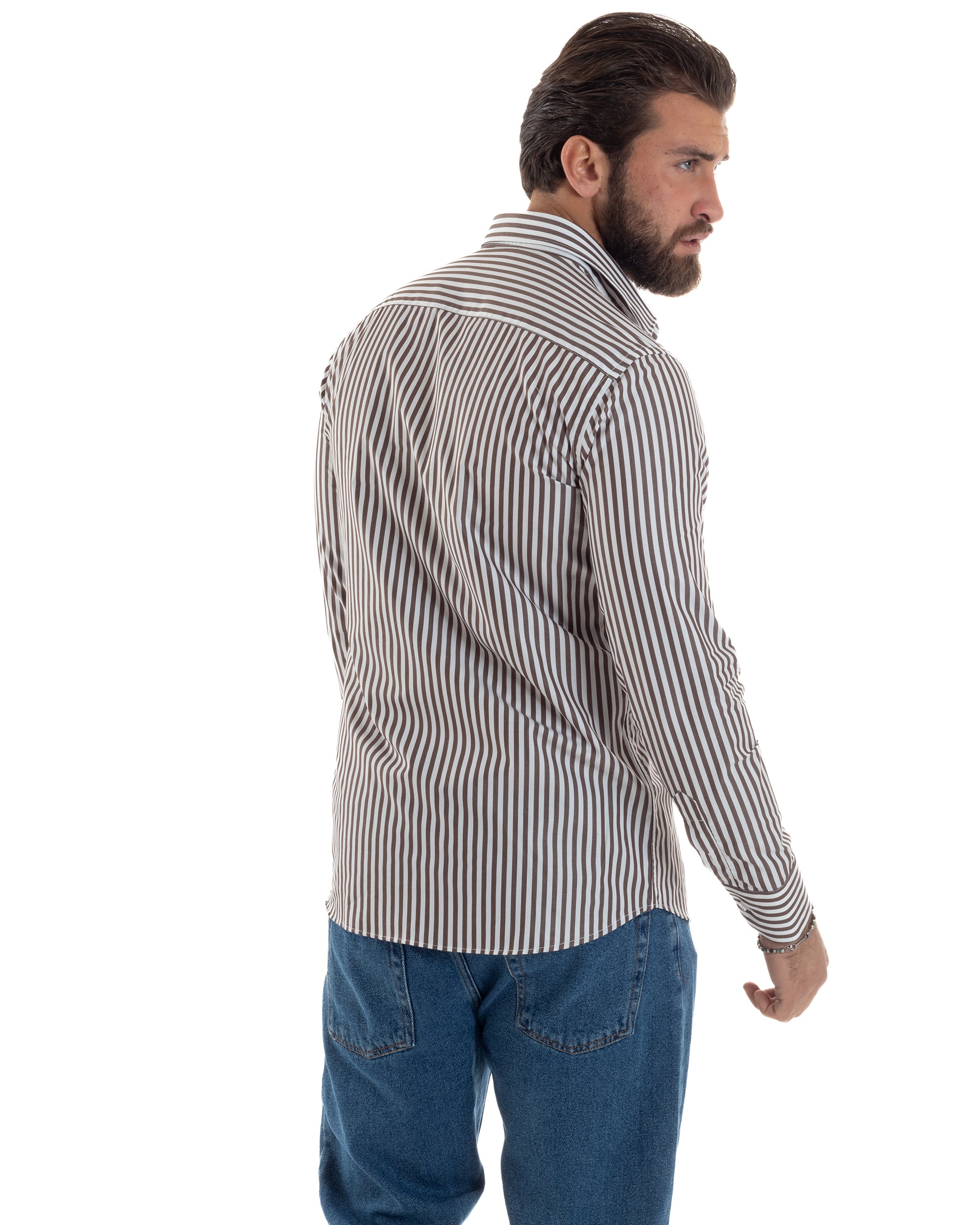 Camicia Uomo Cotone Rigata Basic Colletto Semi-Francese Slim Fit Casual Righe Bastoncino Medio Bicolore Bianco Marrone GIOSAL-C2920A