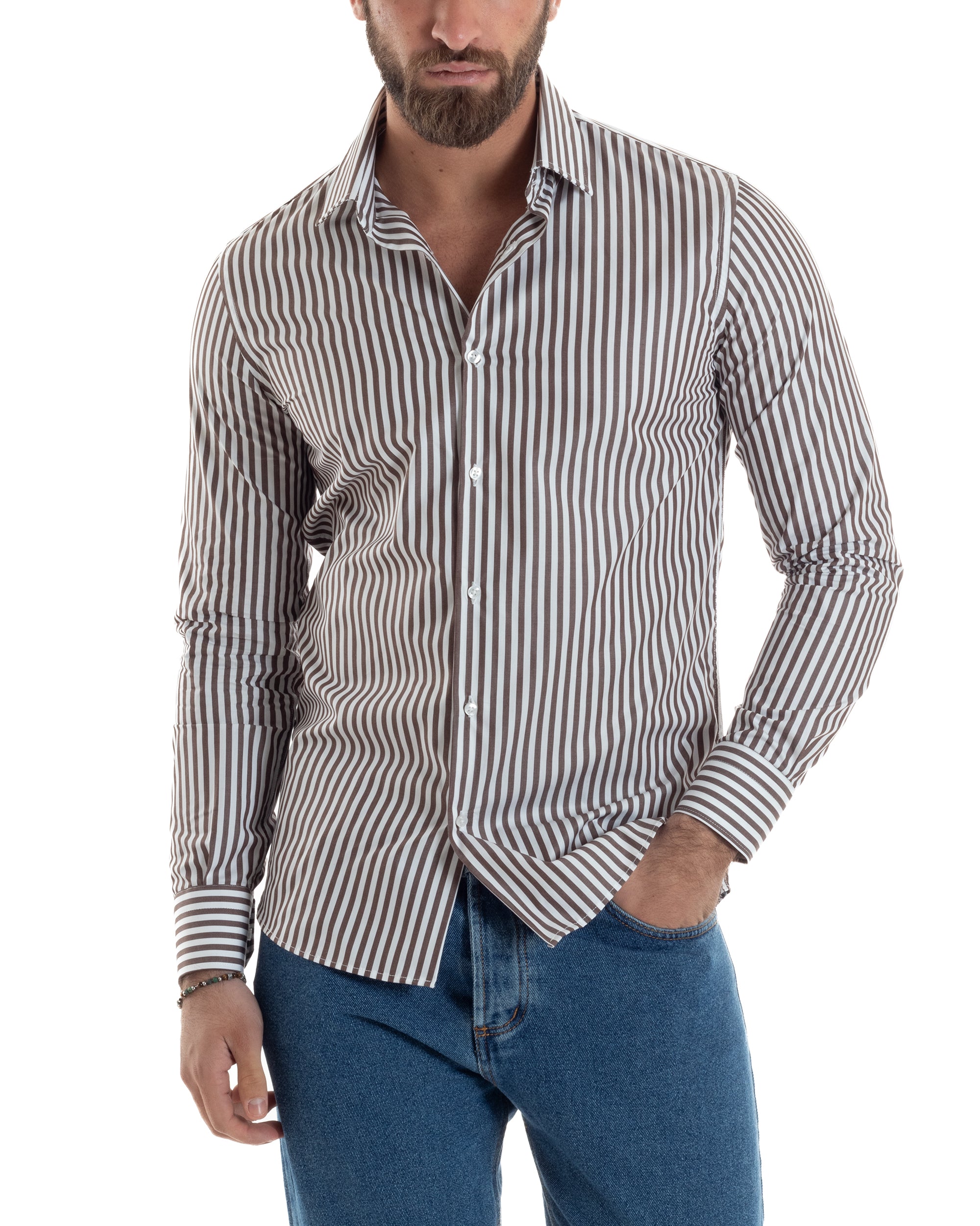 Camicia Uomo Cotone Rigata Basic Colletto Semi-Francese Slim Fit Casual Righe Bastoncino Medio Bicolore Bianco Marrone GIOSAL-C2920A