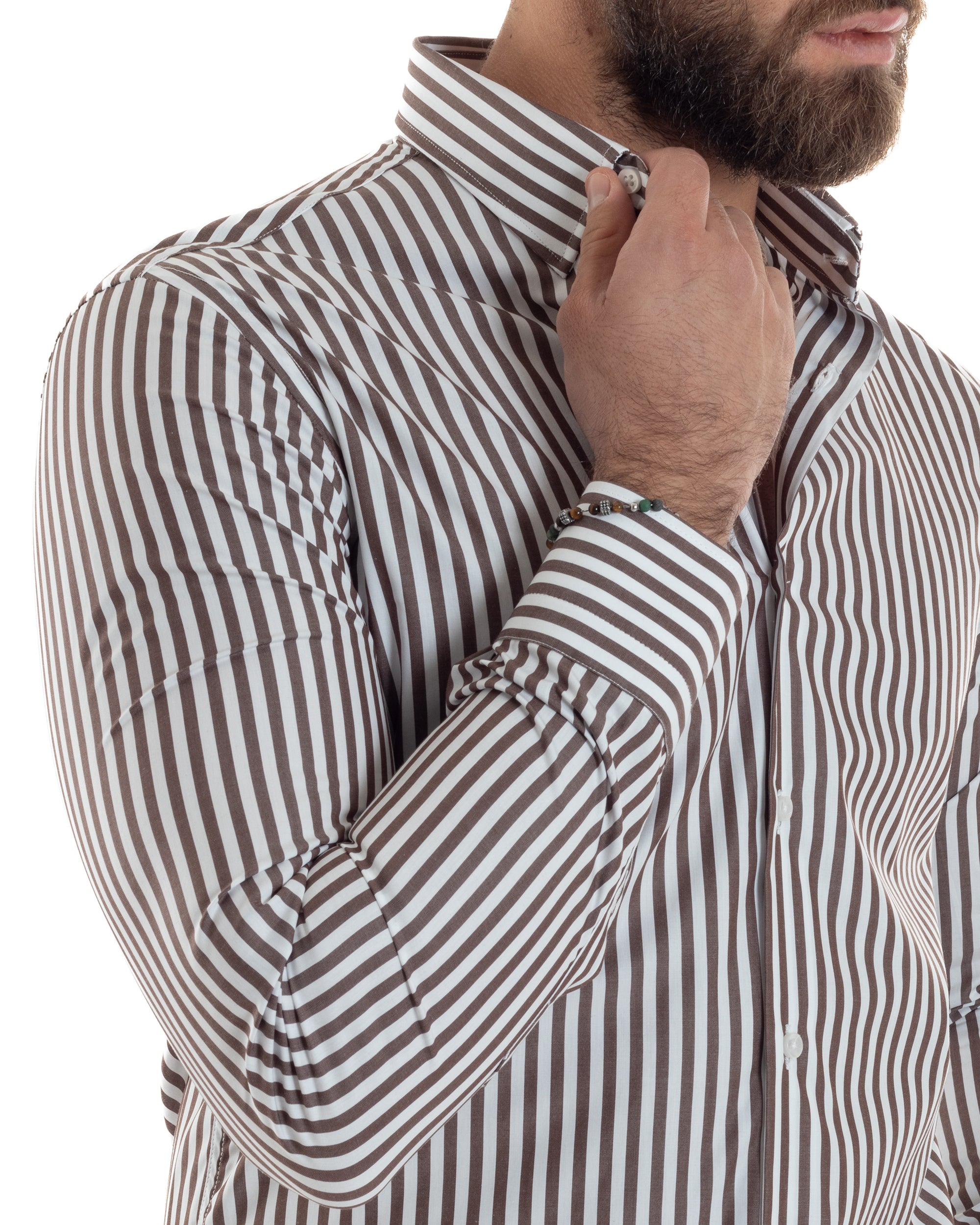 Camicia Uomo Cotone Rigata Basic Colletto Semi-Francese Slim Fit Casual Righe Bastoncino Medio Bicolore Bianco Marrone GIOSAL-C2920A