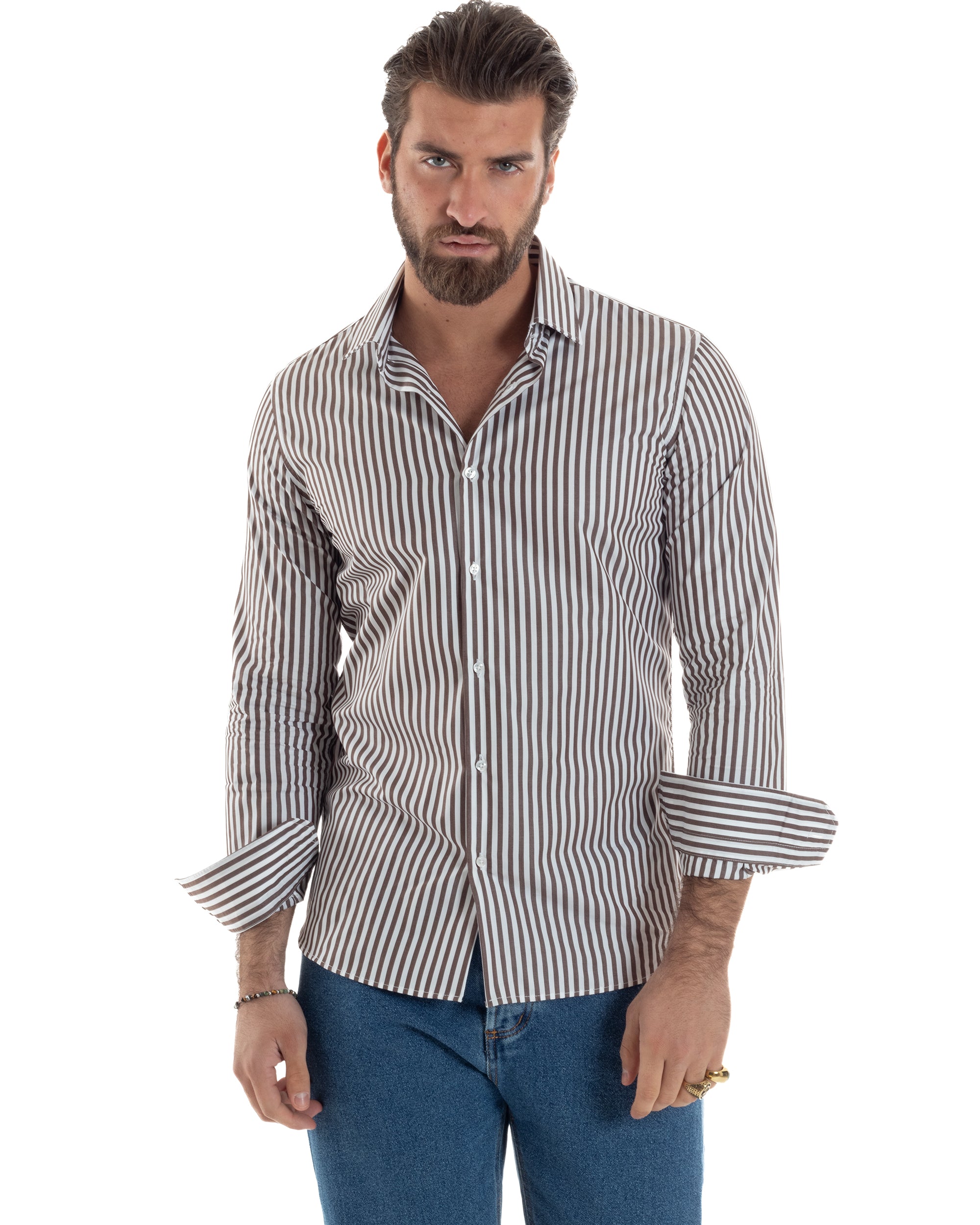 Camicia Uomo Cotone Rigata Basic Colletto Semi-Francese Slim Fit Casual Righe Bastoncino Medio Bicolore Bianco Marrone GIOSAL-C2920A