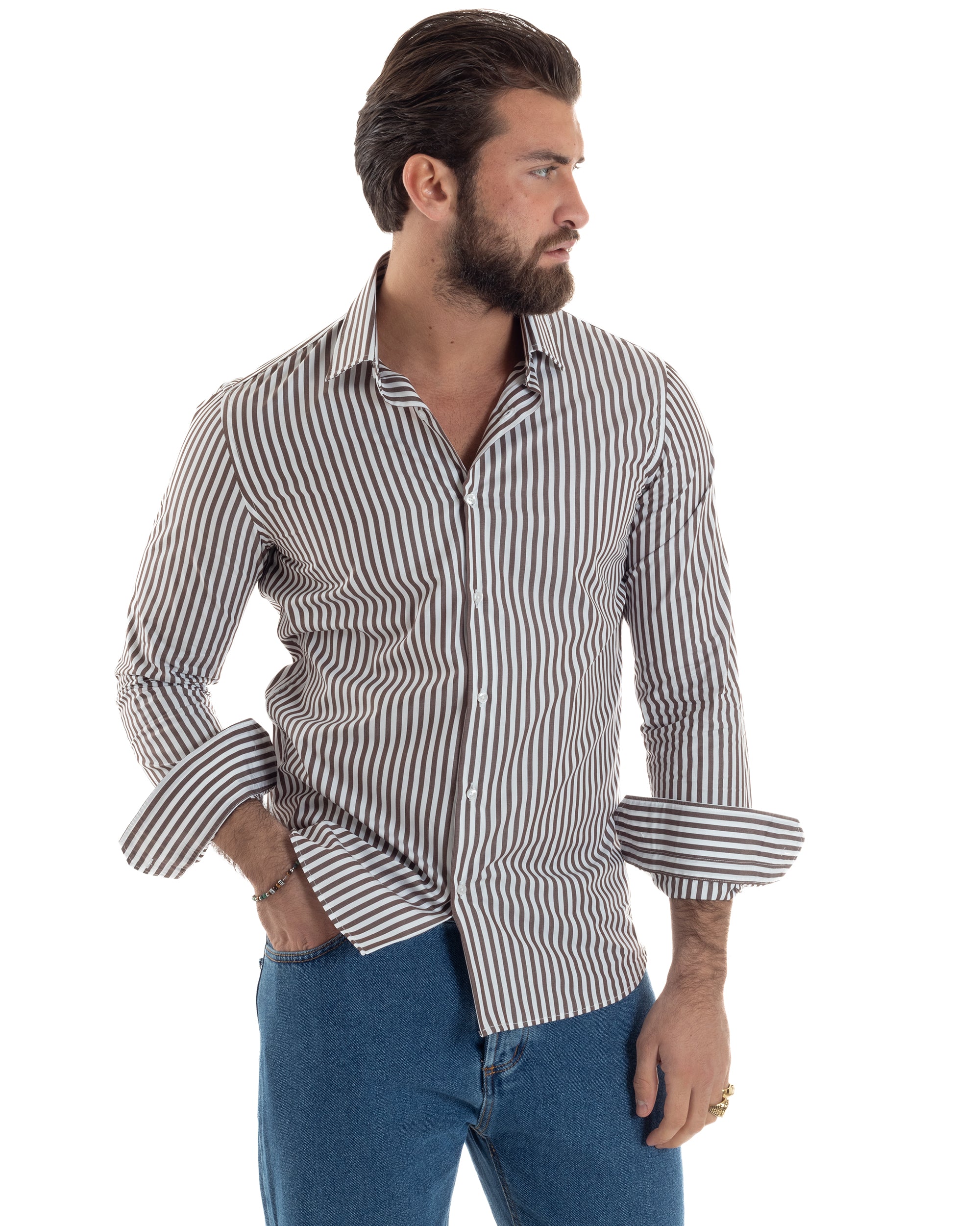 Camicia Uomo Cotone Rigata Basic Colletto Semi-Francese Slim Fit Casual Righe Bastoncino Medio Bicolore Bianco Marrone GIOSAL-C2920A