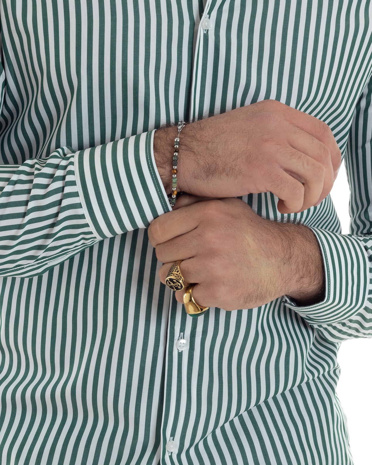 Camicia Uomo Cotone Rigata Basic Colletto Semi-Francese Slim Fit Casual Righe Bastoncino Medio Bicolore Bianco Verde GIOSAL-C2921A