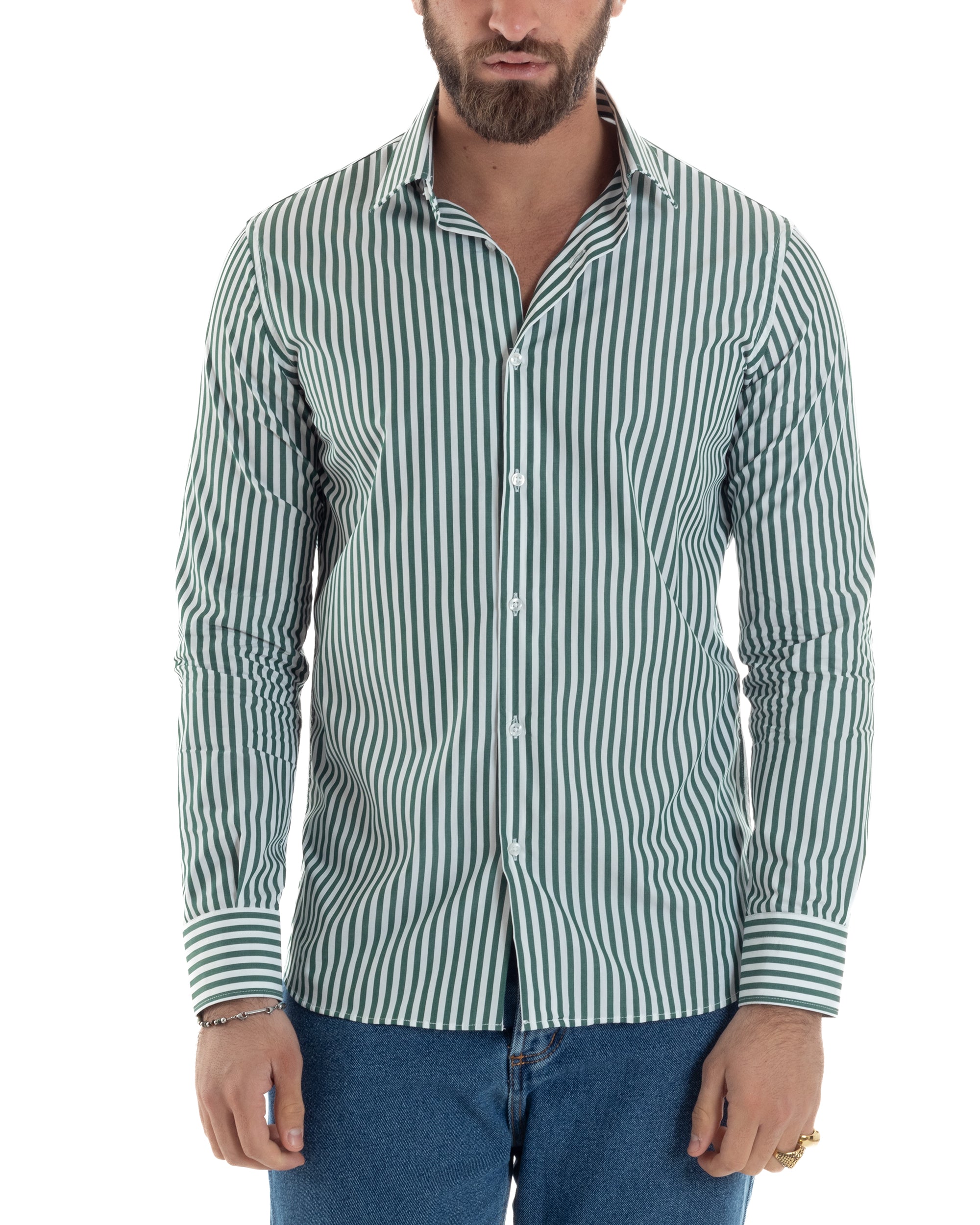 Camicia Uomo Cotone Rigata Basic Colletto Semi-Francese Slim Fit Casual Righe Bastoncino Medio Bicolore Bianco Verde GIOSAL-C2921A