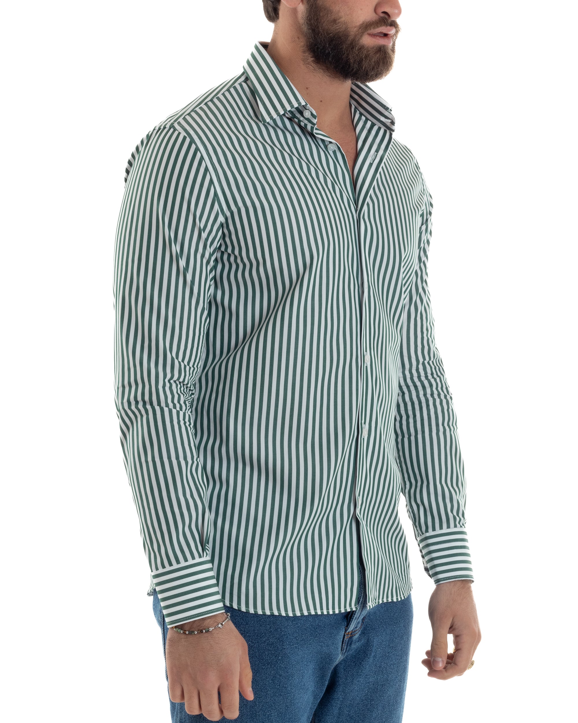 Camicia Uomo Cotone Rigata Basic Colletto Semi-Francese Slim Fit Casual Righe Bastoncino Medio Bicolore Bianco Verde GIOSAL-C2921A