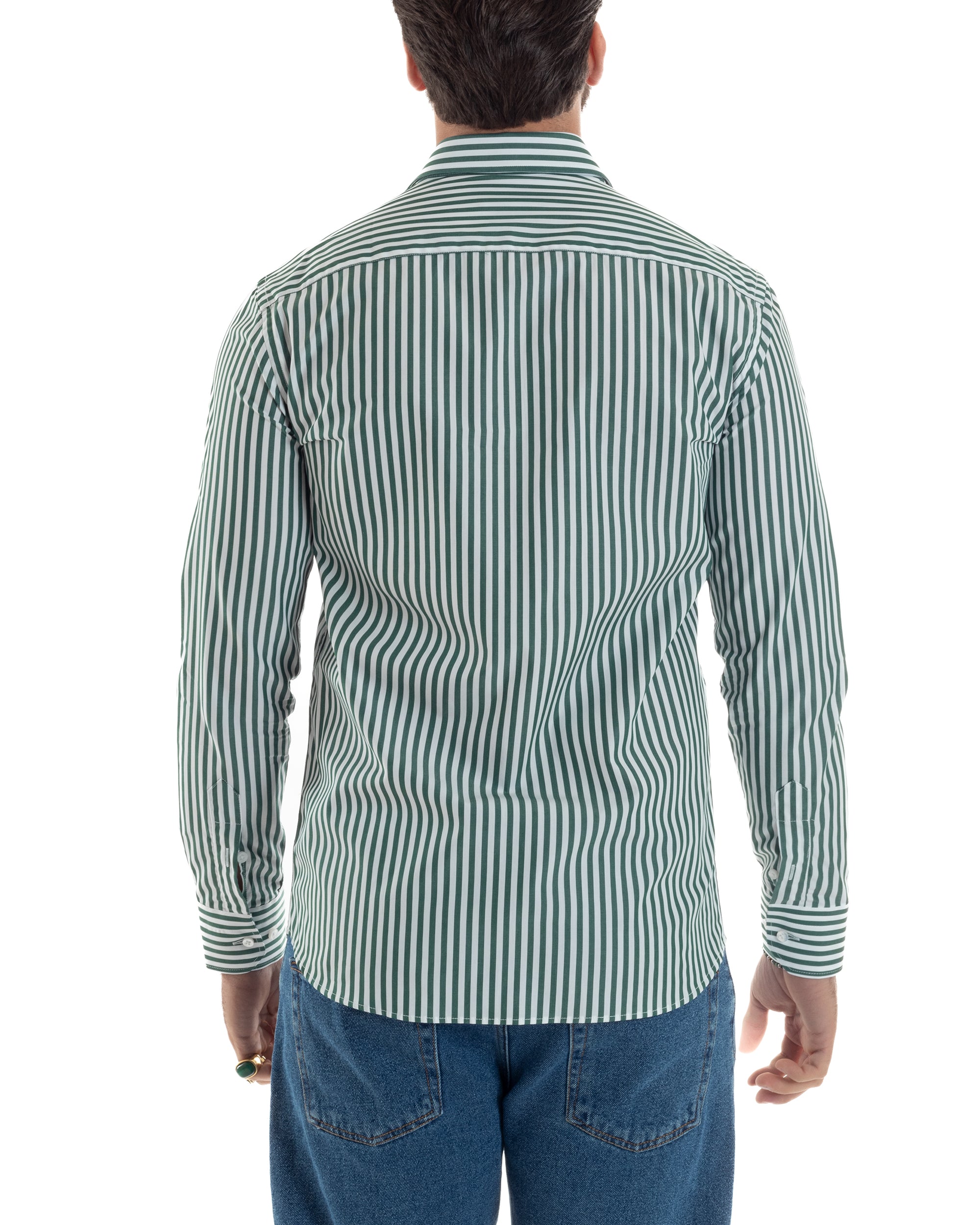 Camicia Uomo Cotone Rigata Basic Colletto Semi-Francese Slim Fit Casual Righe Bastoncino Medio Bicolore Bianco Verde GIOSAL-C2921A