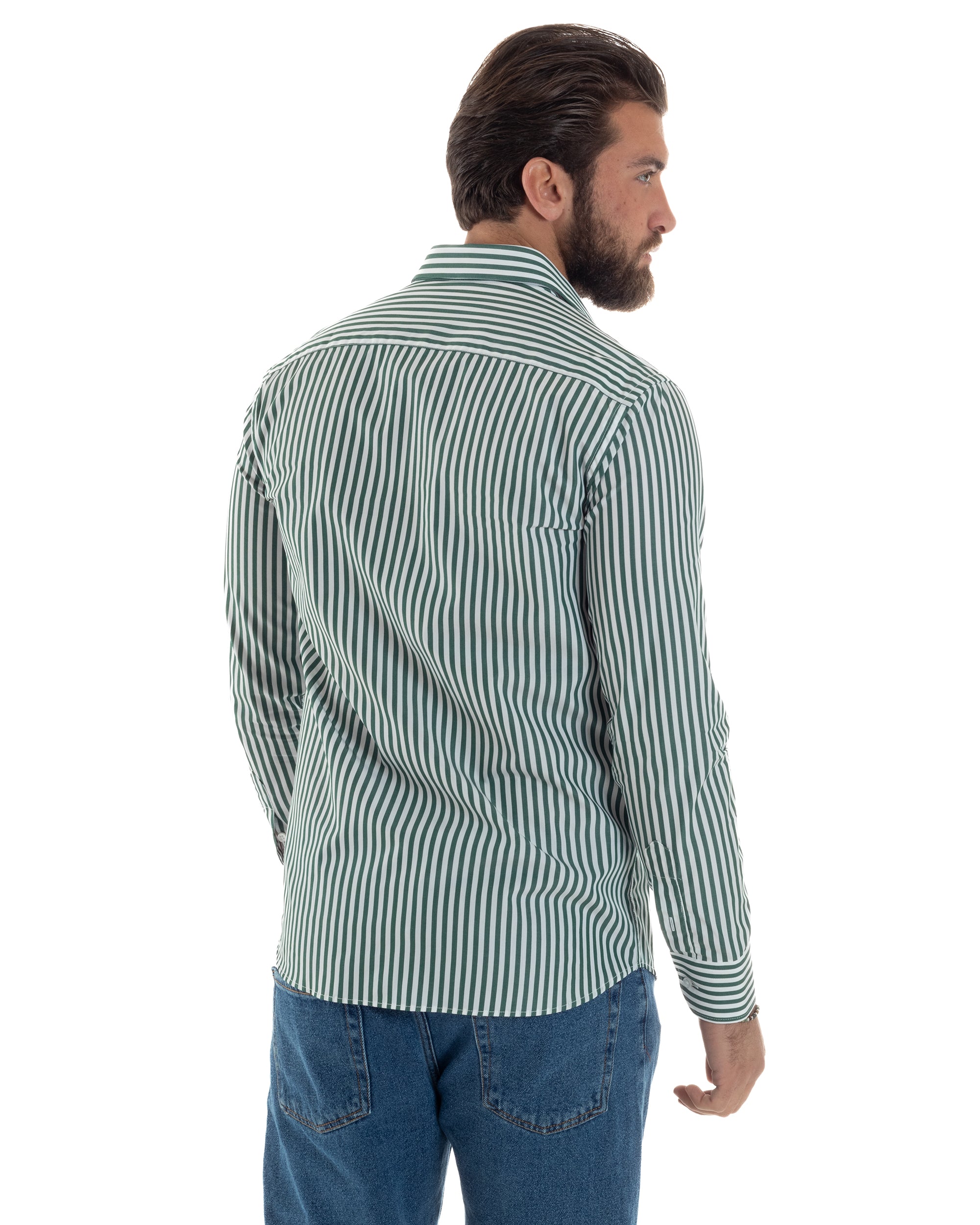 Camicia Uomo Cotone Rigata Basic Colletto Semi-Francese Slim Fit Casual Righe Bastoncino Medio Bicolore Bianco Verde GIOSAL-C2921A