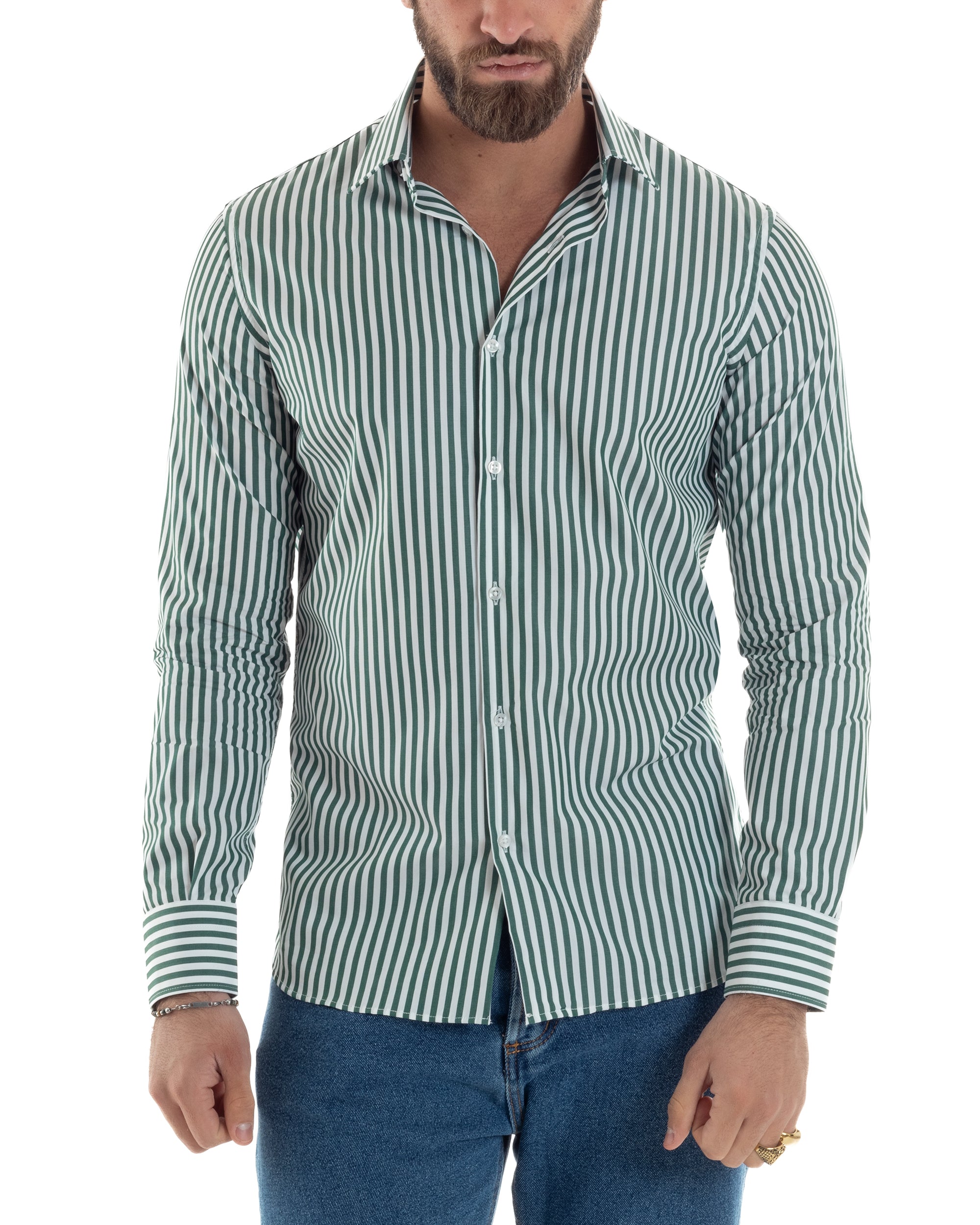 Camicia Uomo Cotone Rigata Basic Colletto Semi-Francese Slim Fit Casual Righe Bastoncino Medio Bicolore Bianco Verde GIOSAL-C2921A
