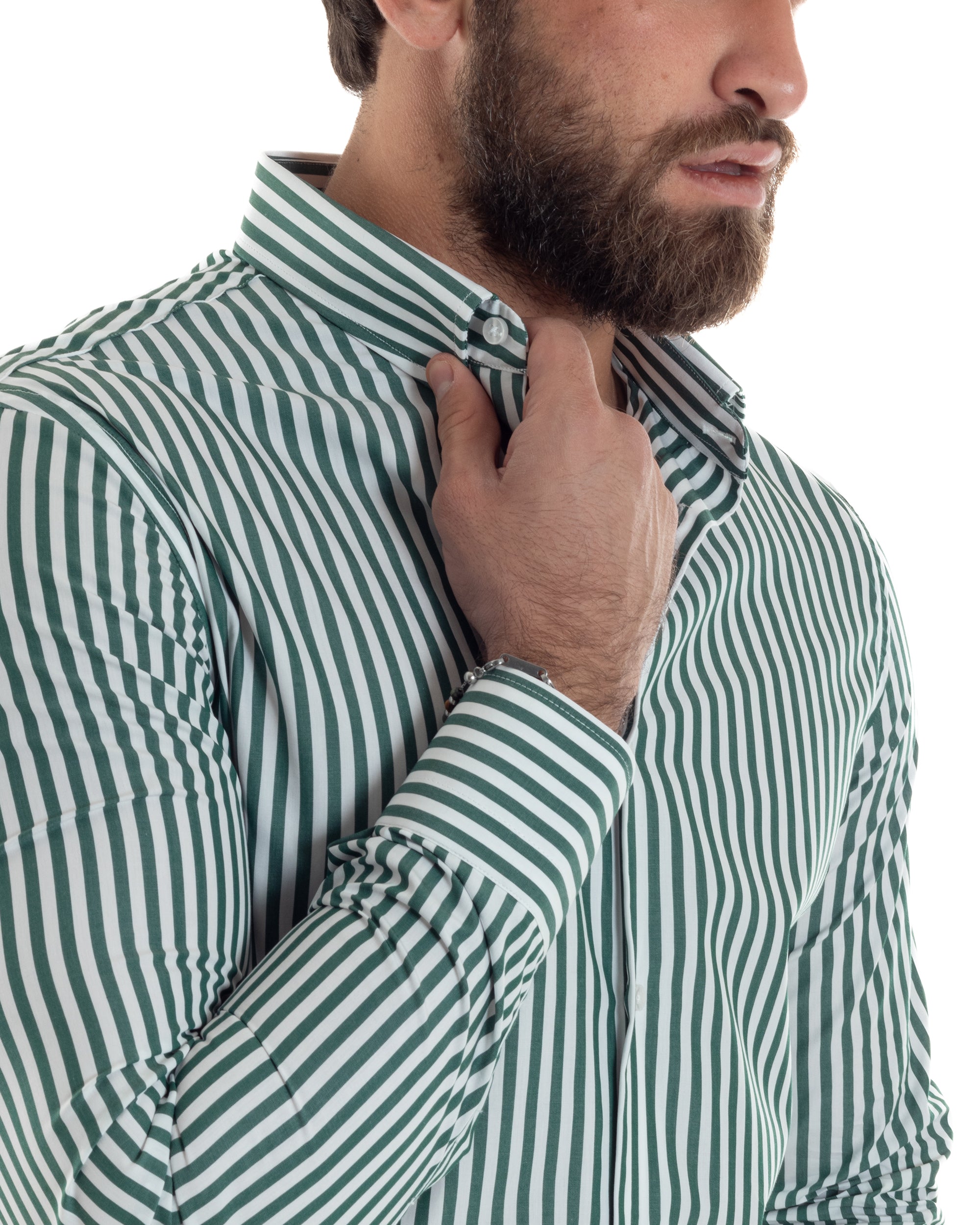 Camicia Uomo Cotone Rigata Basic Colletto Semi-Francese Slim Fit Casual Righe Bastoncino Medio Bicolore Bianco Verde GIOSAL-C2921A