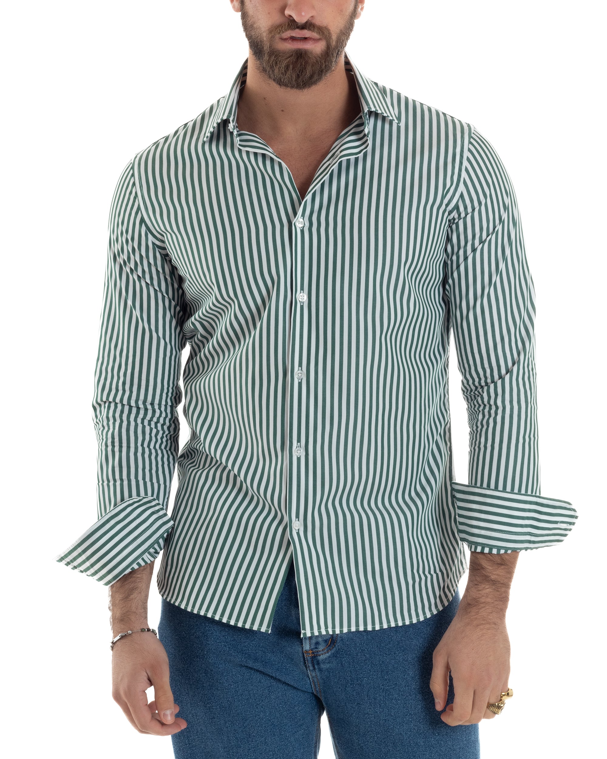 Camicia Uomo Cotone Rigata Basic Colletto Semi-Francese Slim Fit Casual Righe Bastoncino Medio Bicolore Bianco Verde GIOSAL-C2921A