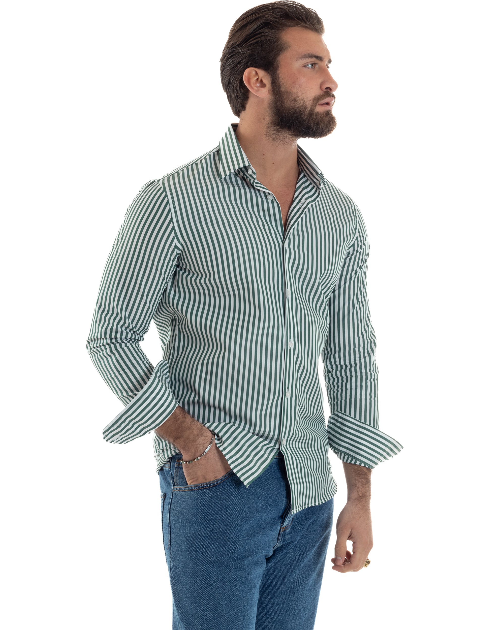Camicia Uomo Cotone Rigata Basic Colletto Semi-Francese Slim Fit Casual Righe Bastoncino Medio Bicolore Bianco Verde GIOSAL-C2921A
