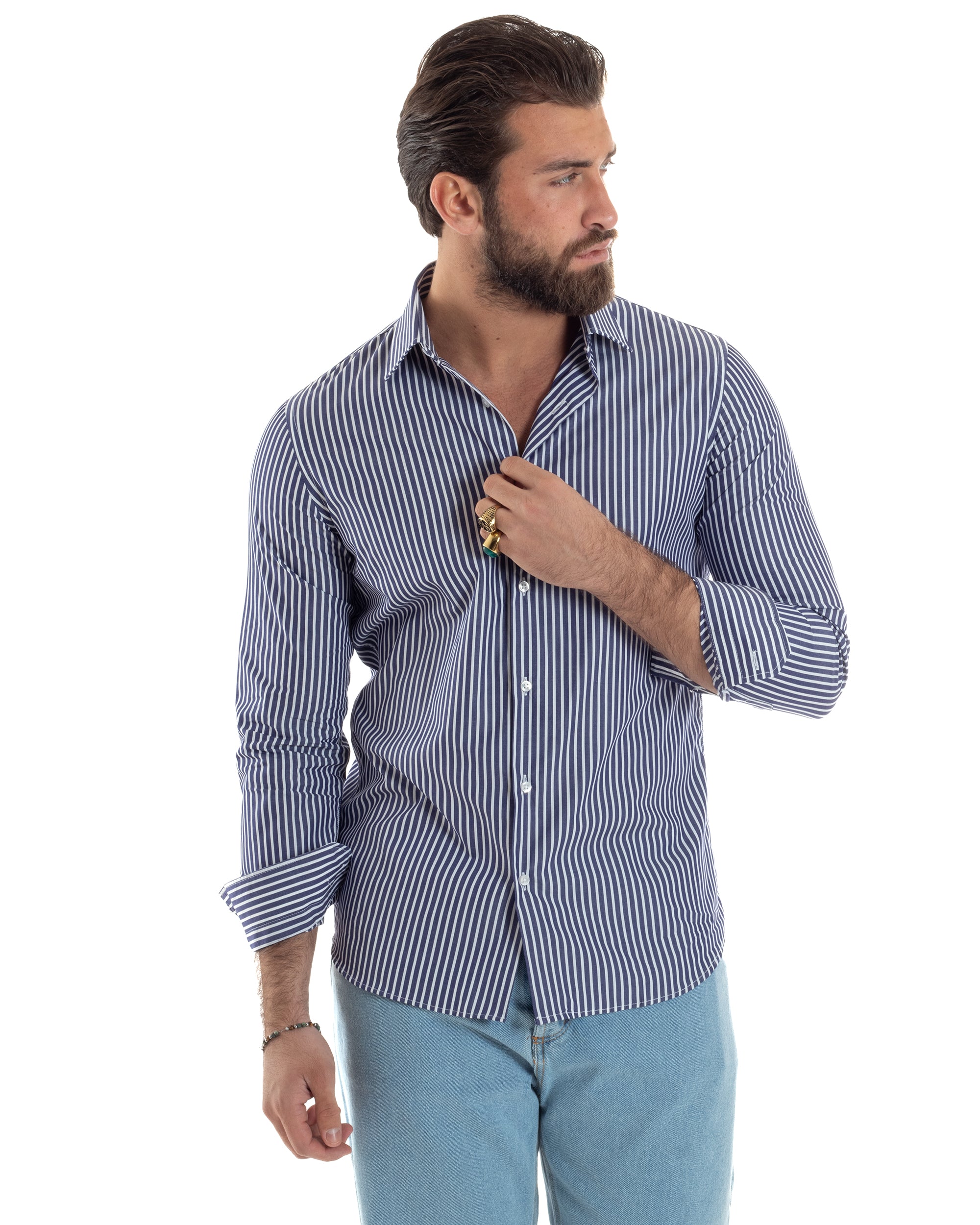 Camicia Uomo Cotone Rigata Basic Colletto Semi-Francese Slim Fit Casual Righe Bastoncino Medio Bicolore Blu Bianco GIOSAL-C2922A