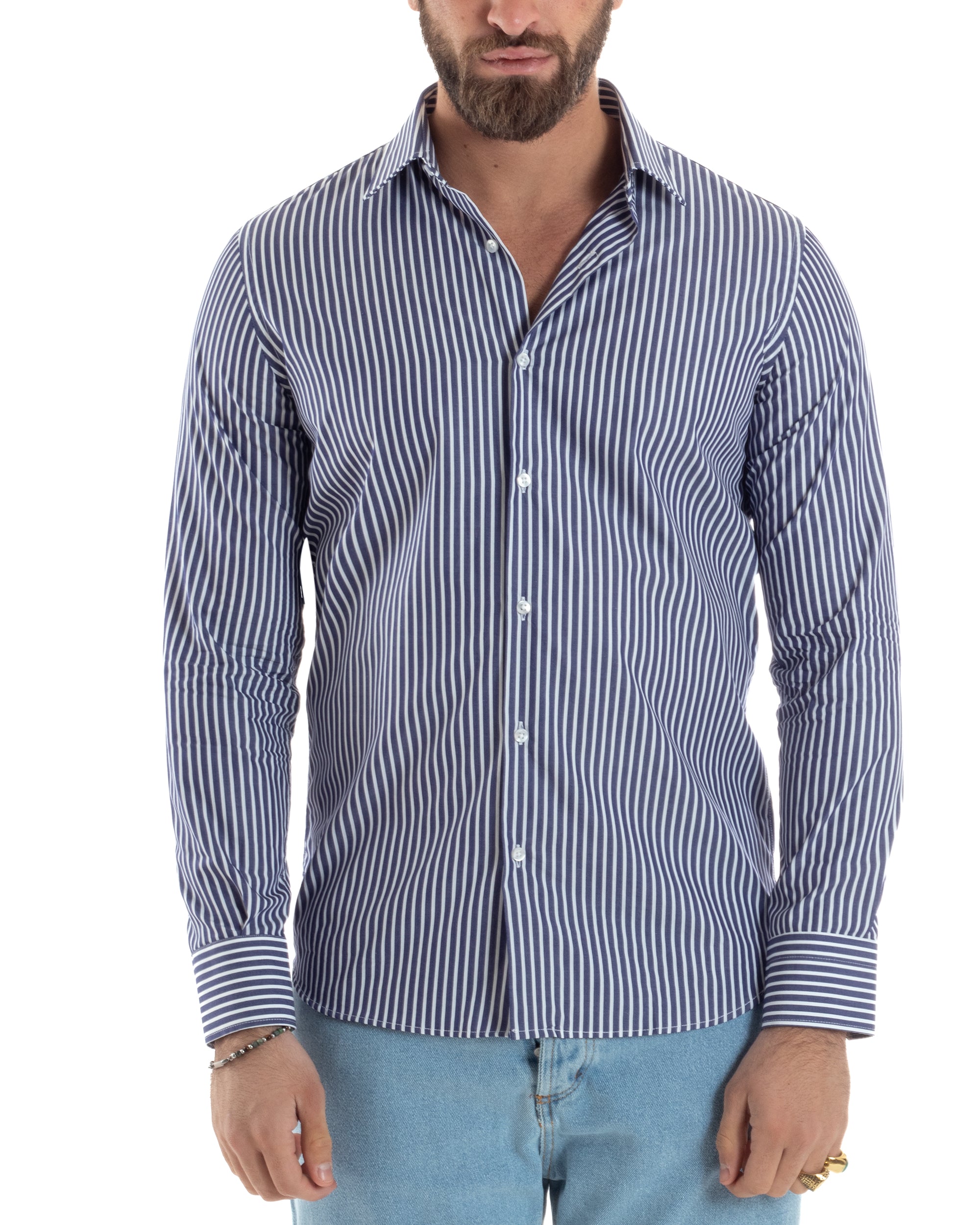 Camicia Uomo Cotone Rigata Basic Colletto Semi-Francese Slim Fit Casual Righe Bastoncino Medio Bicolore Blu Bianco GIOSAL-C2922A