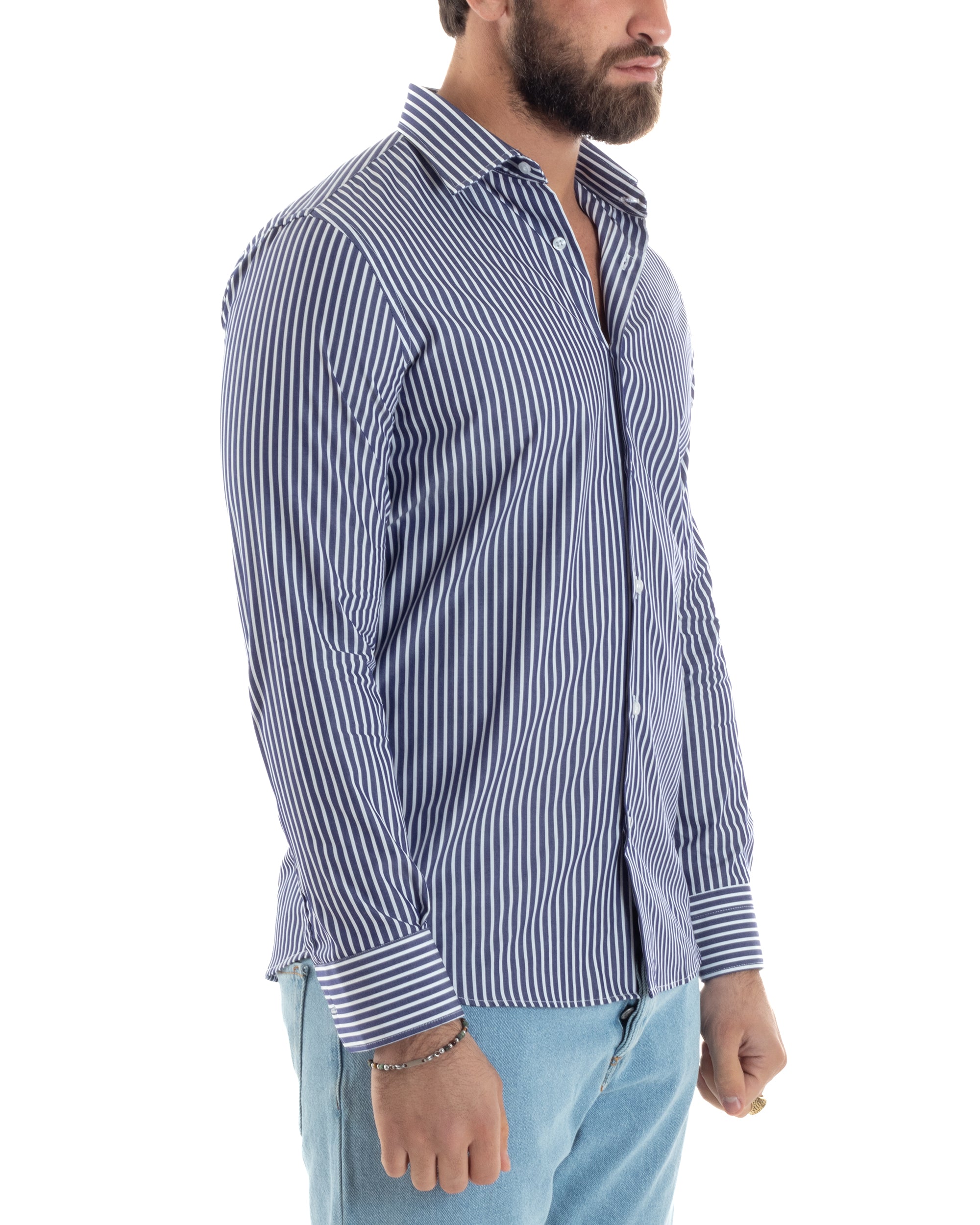 Camicia Uomo Cotone Rigata Basic Colletto Semi-Francese Slim Fit Casual Righe Bastoncino Medio Bicolore Blu Bianco GIOSAL-C2922A