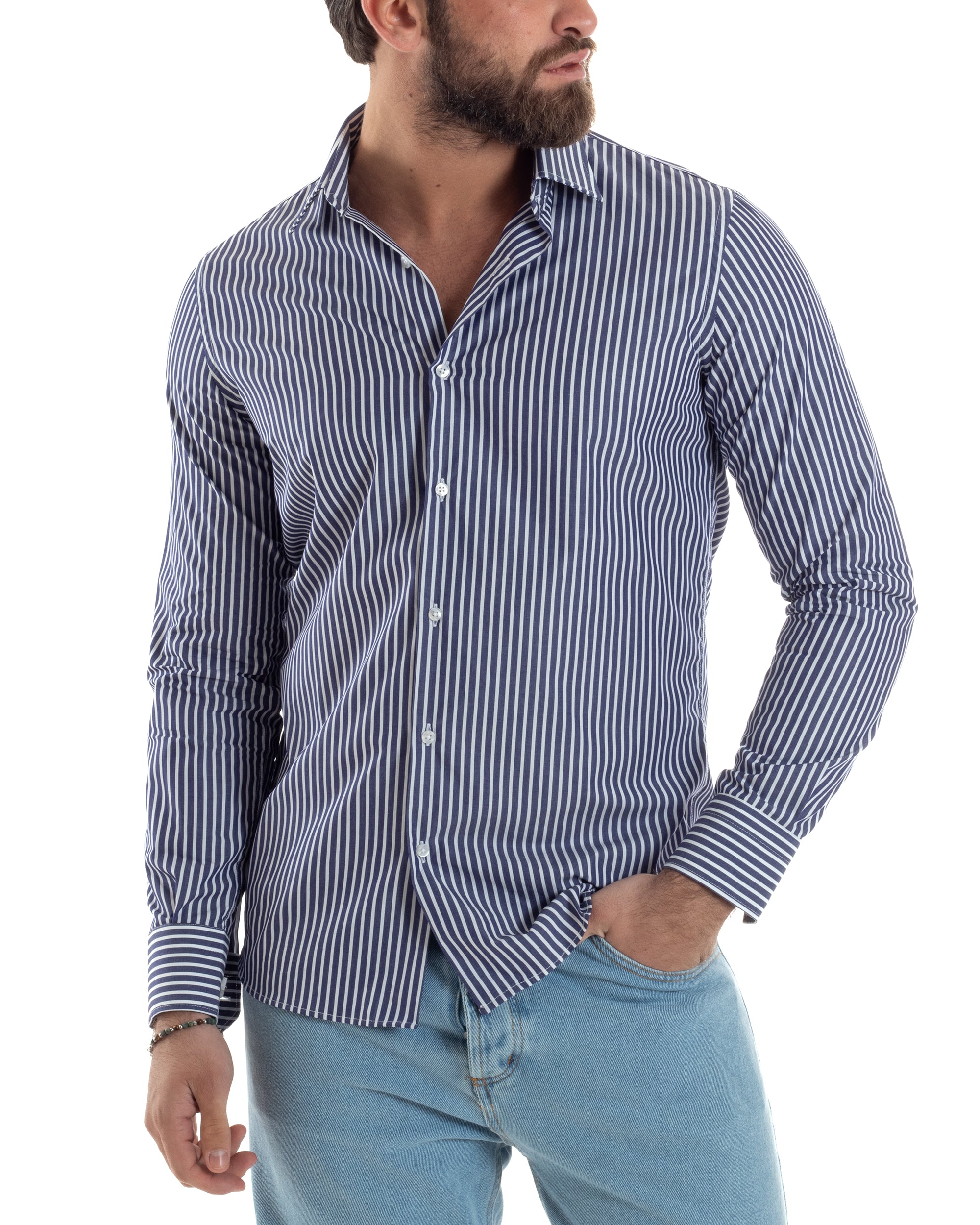 Camicia Uomo Cotone Rigata Basic Colletto Semi-Francese Slim Fit Casual Righe Bastoncino Medio Bicolore Blu Bianco GIOSAL-C2922A