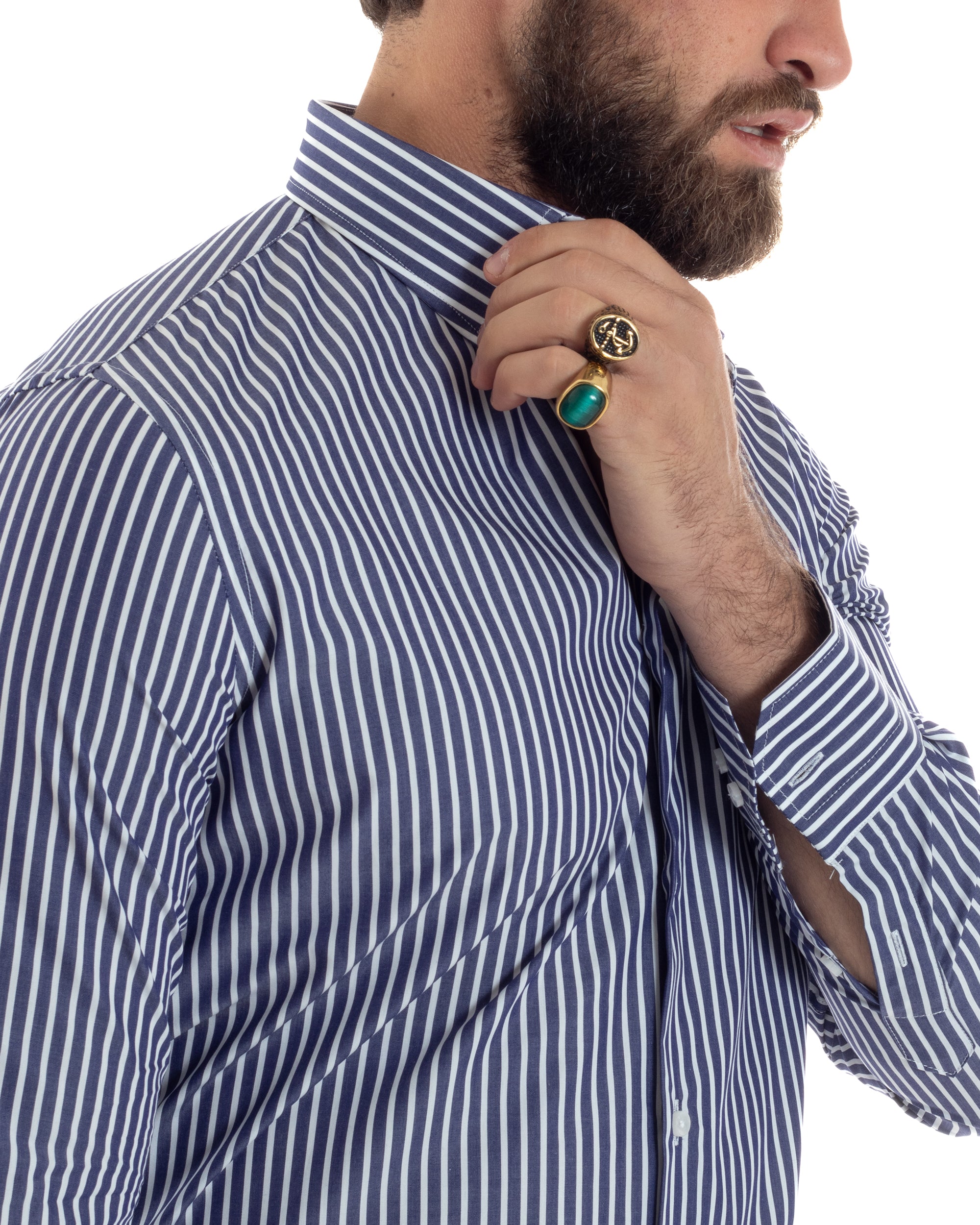 Camicia Uomo Cotone Rigata Basic Colletto Semi-Francese Slim Fit Casual Righe Bastoncino Medio Bicolore Blu Bianco GIOSAL-C2922A