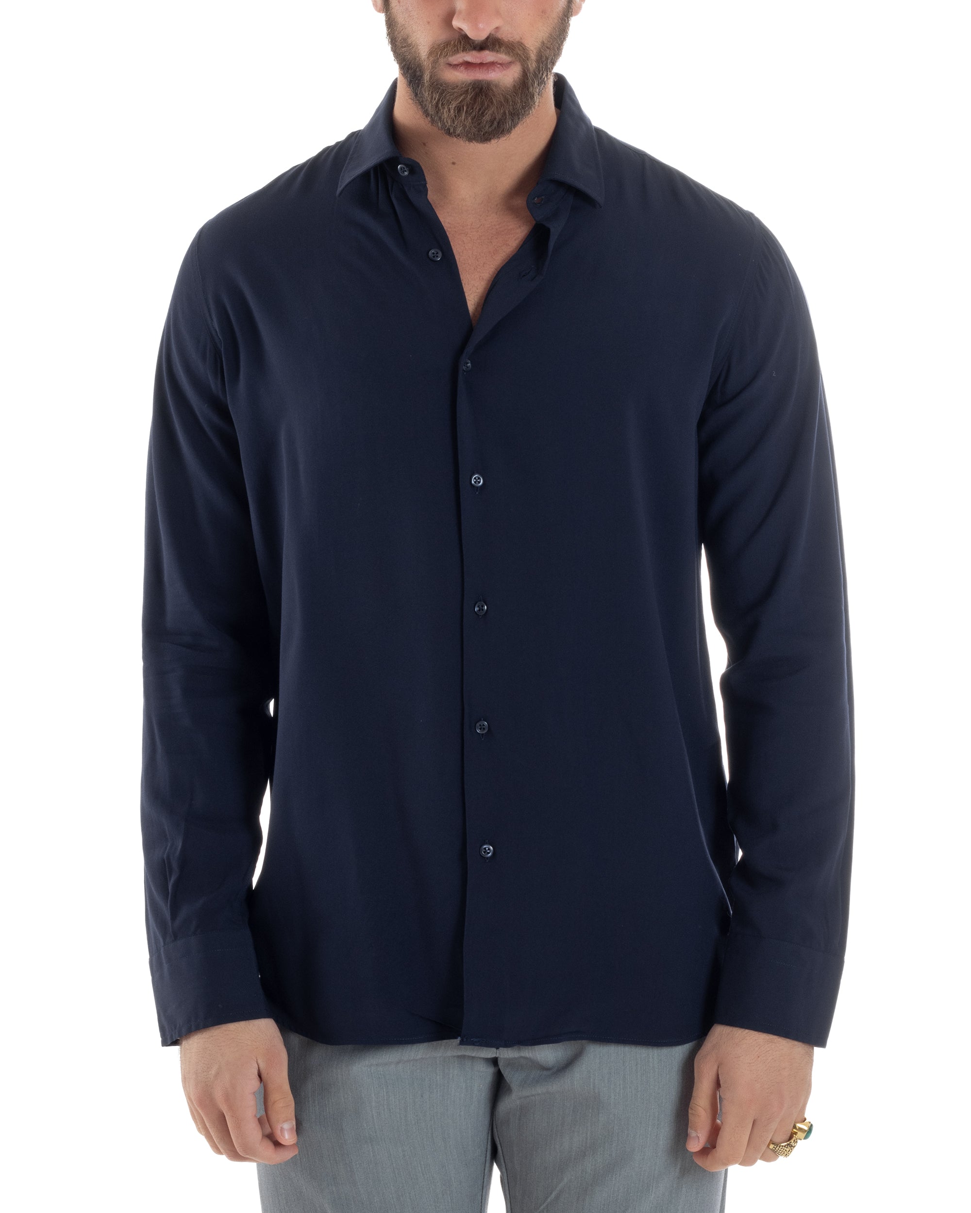 Camicia Uomo Con Colletto Morbida Viscosa Sartoriale Relaxed Fit Basic Tinta Unita Blu GIOSAL-C2924A