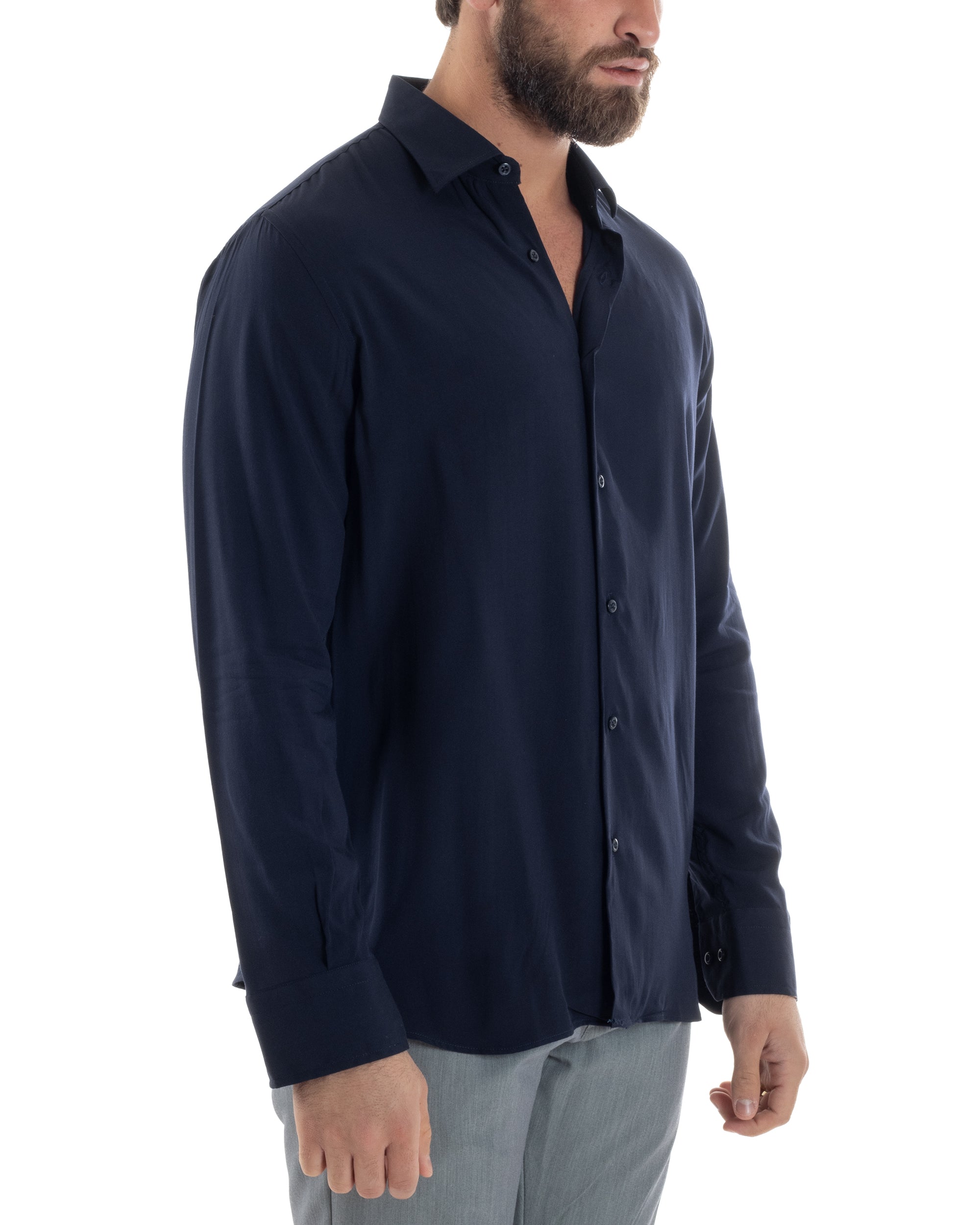 Camicia Uomo Con Colletto Morbida Viscosa Sartoriale Relaxed Fit Basic Tinta Unita Blu GIOSAL-C2924A