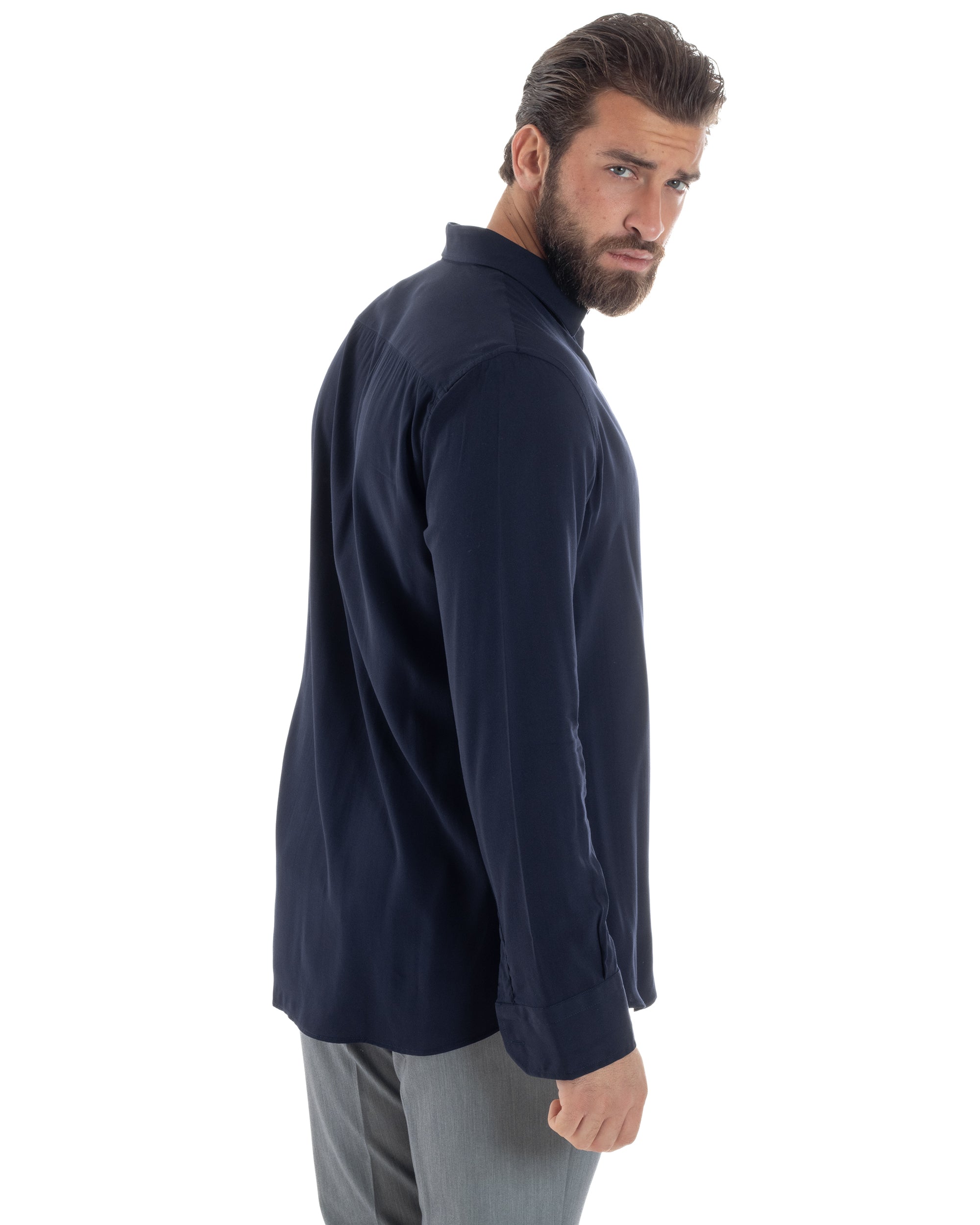 Camicia Uomo Con Colletto Morbida Viscosa Sartoriale Relaxed Fit Basic Tinta Unita Blu GIOSAL-C2924A