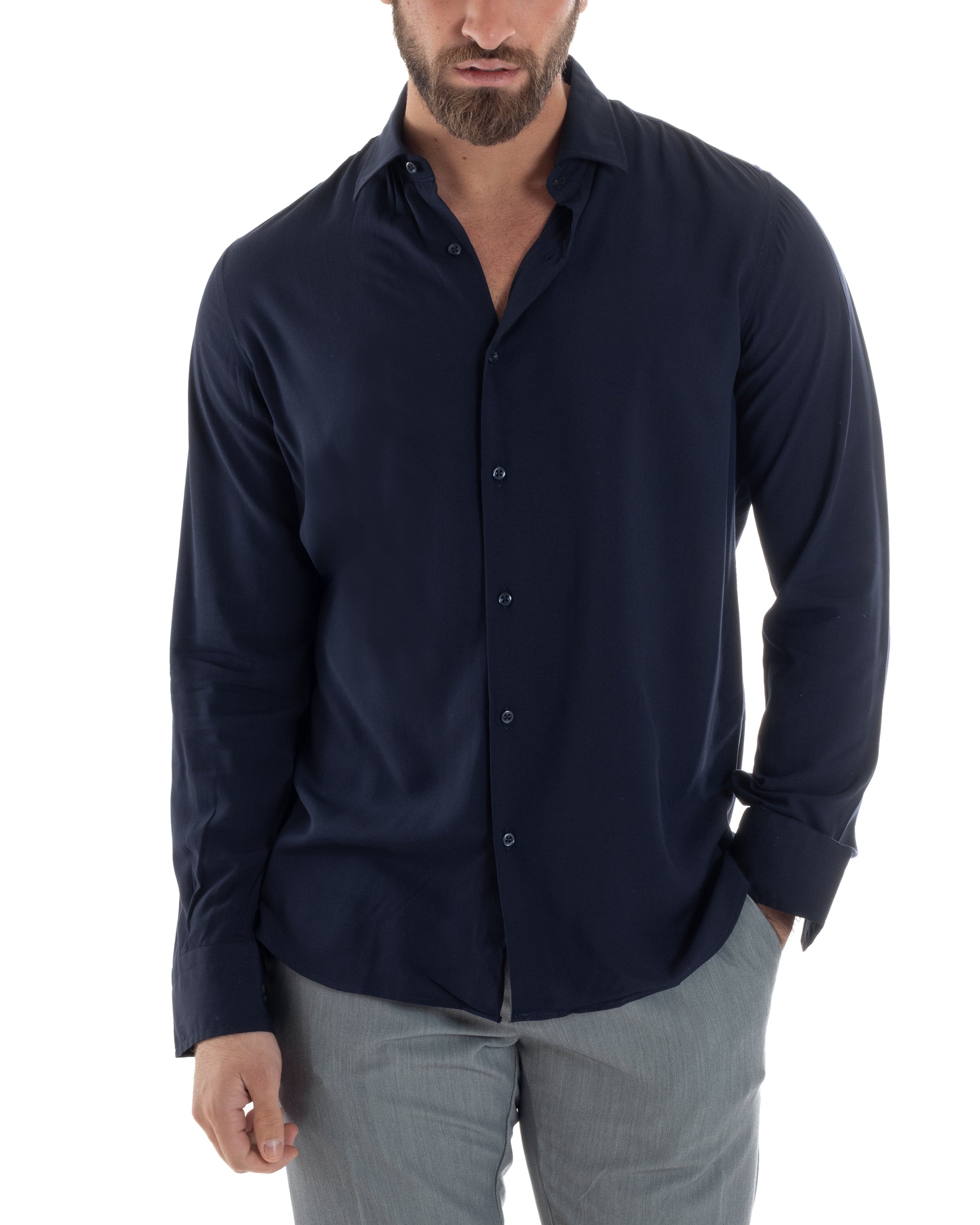 Camicia Uomo Con Colletto Morbida Viscosa Sartoriale Relaxed Fit Basic Tinta Unita Blu GIOSAL-C2924A