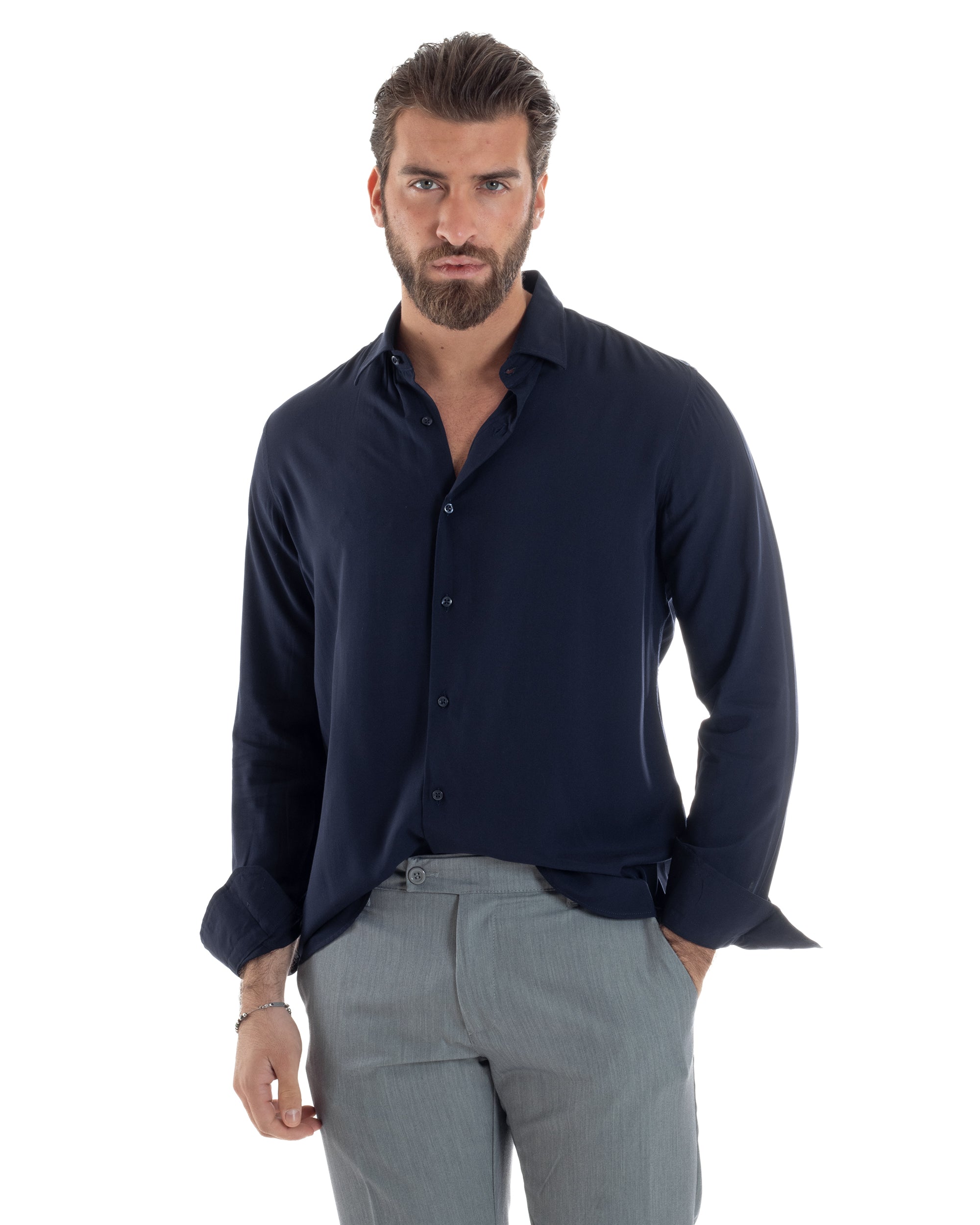 Camicia Uomo Con Colletto Morbida Viscosa Sartoriale Relaxed Fit Basic Tinta Unita Blu GIOSAL-C2924A